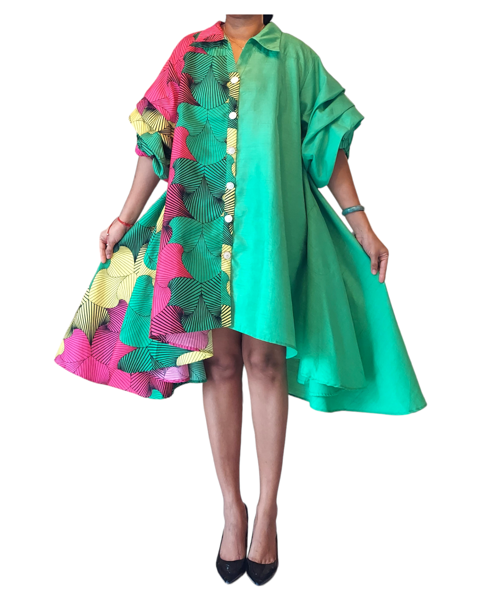 Swing Dress/ Faux Silk/ Ruffle Sleeve - Two Tone 25013