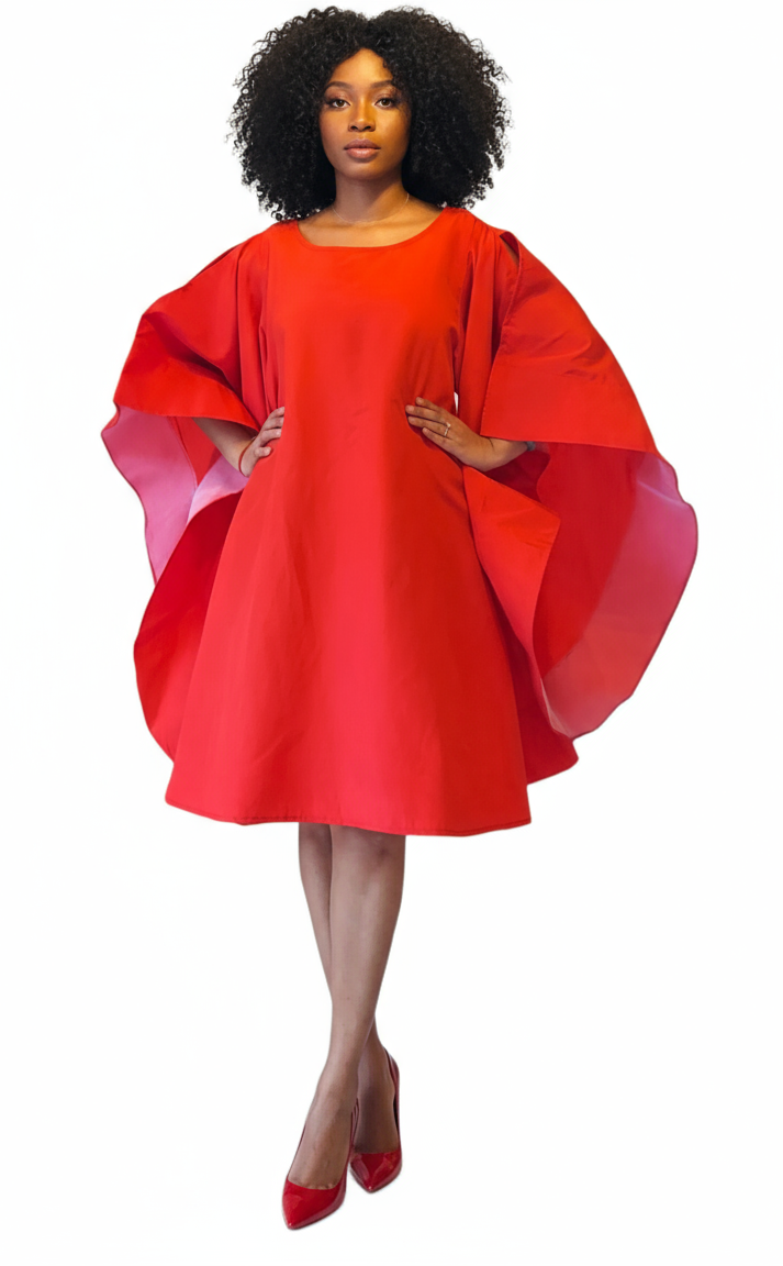 Wing Dress/Faux Silk/Poncho Dress/ Wing Sleeves-25032 Red