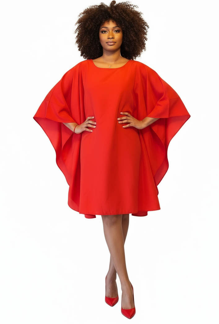 Wing Dress/Faux Silk/Poncho Dress/ Wing Sleeves-25032 Red