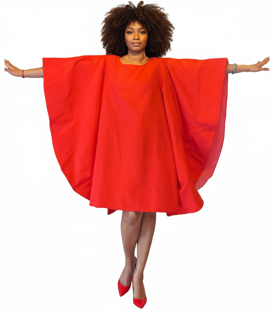Wing Dress/Faux Silk/Poncho Dress/ Wing Sleeves-25032 Red