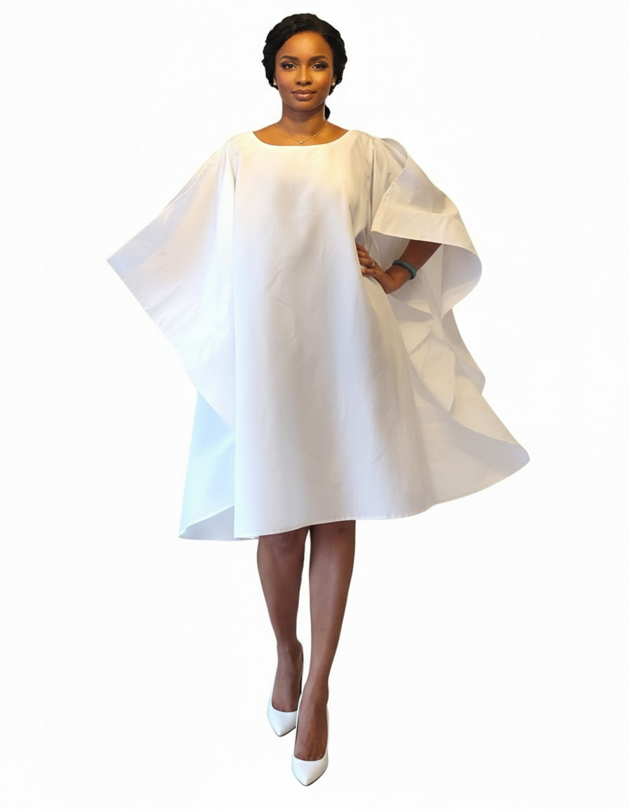 Wing Dress/Faux Silk/Poncho Dress/ Wing Sleeves-25032 White