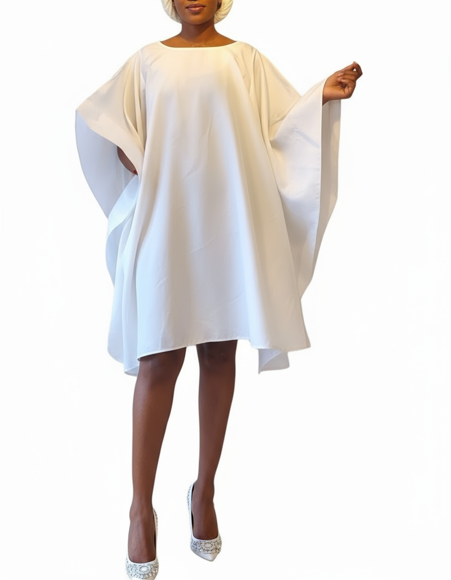 Wing Dress/Faux Silk/Poncho Dress/ Wing Sleeves-25032 White