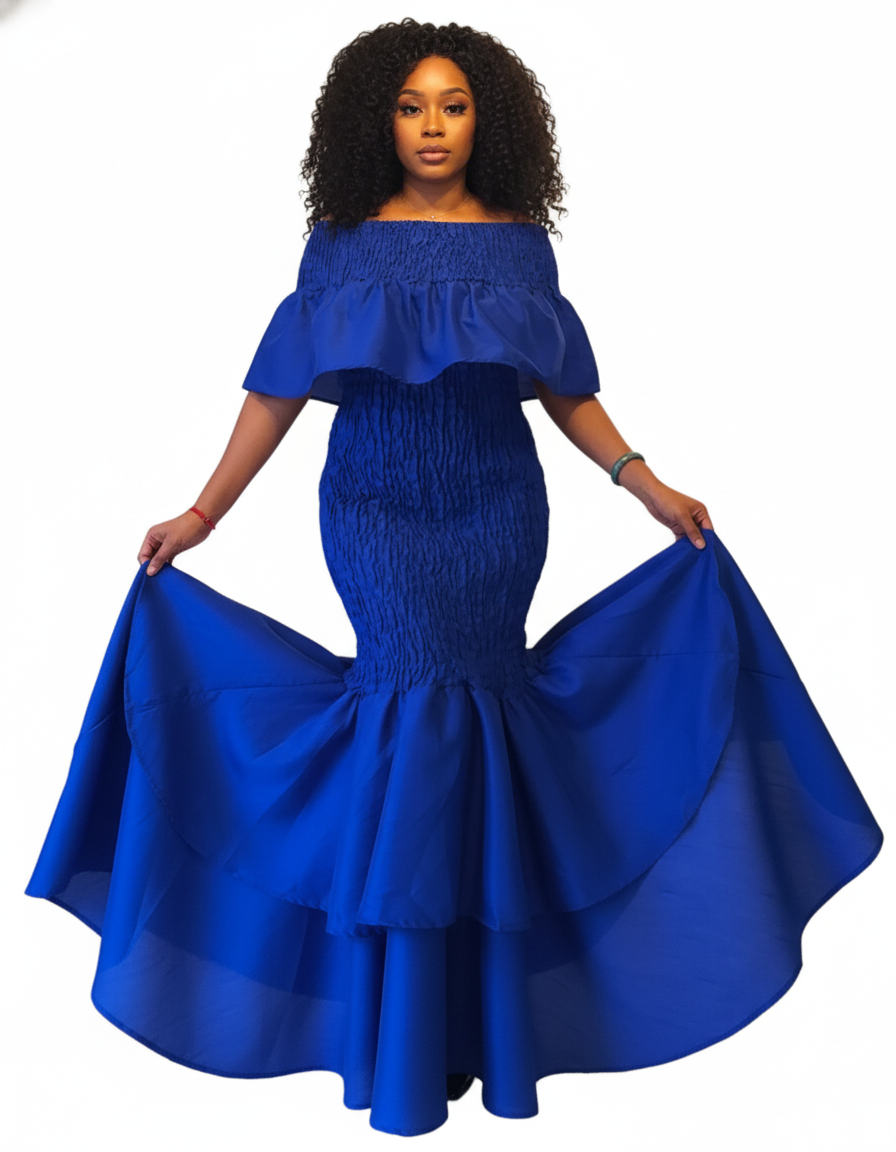 2289 Faux Silk Smock Mermaid Dress - Royal Blue