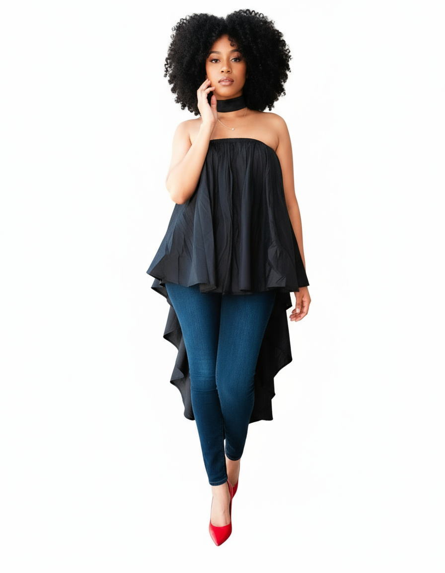 Poncho Blouse /  Hi Lo Skirt/ Multi Wearable/ Solid- Black