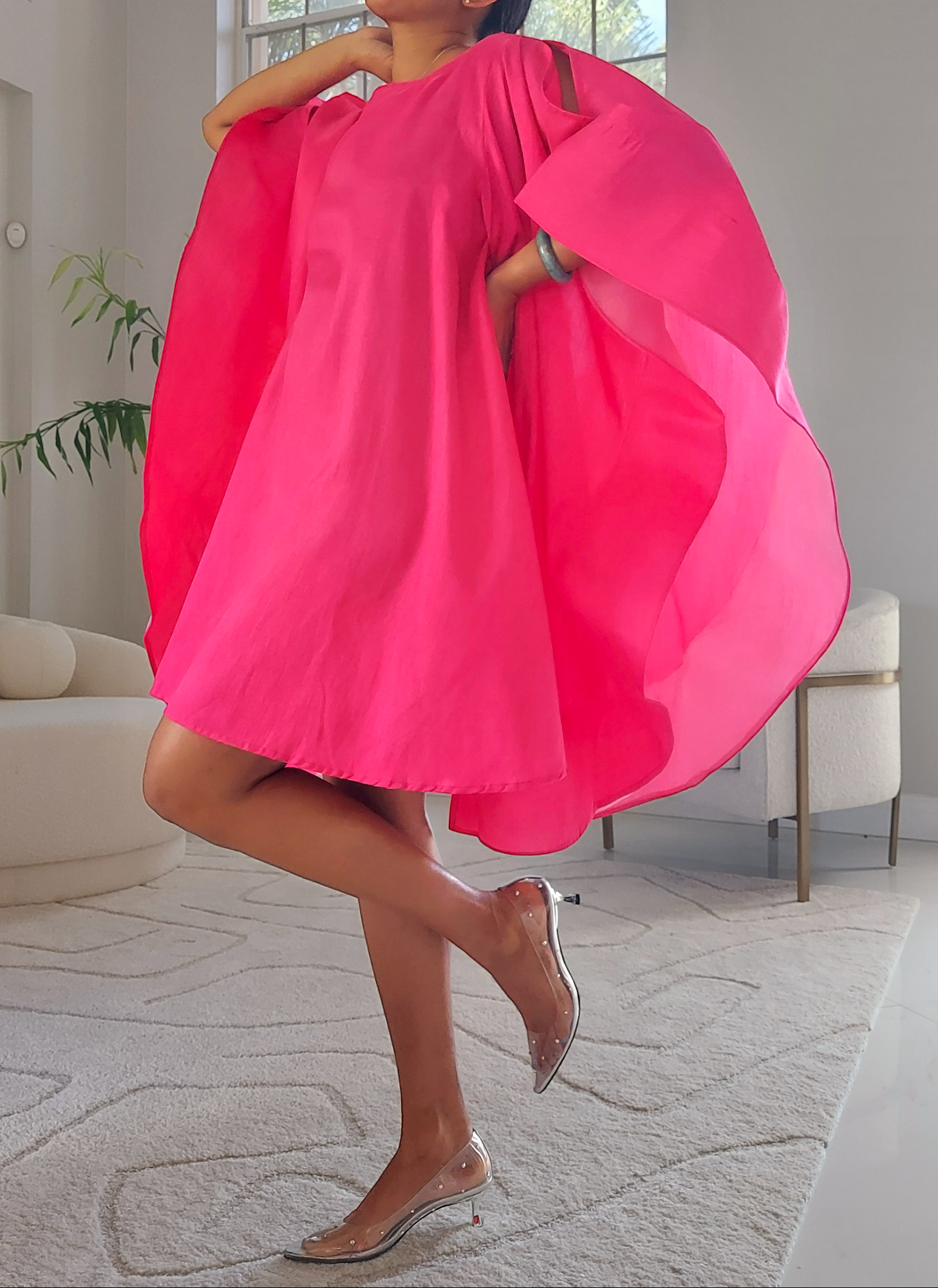 Wing Dress/Faux Silk/Poncho Dress/ Wing Sleeves-25032 Fuchsia