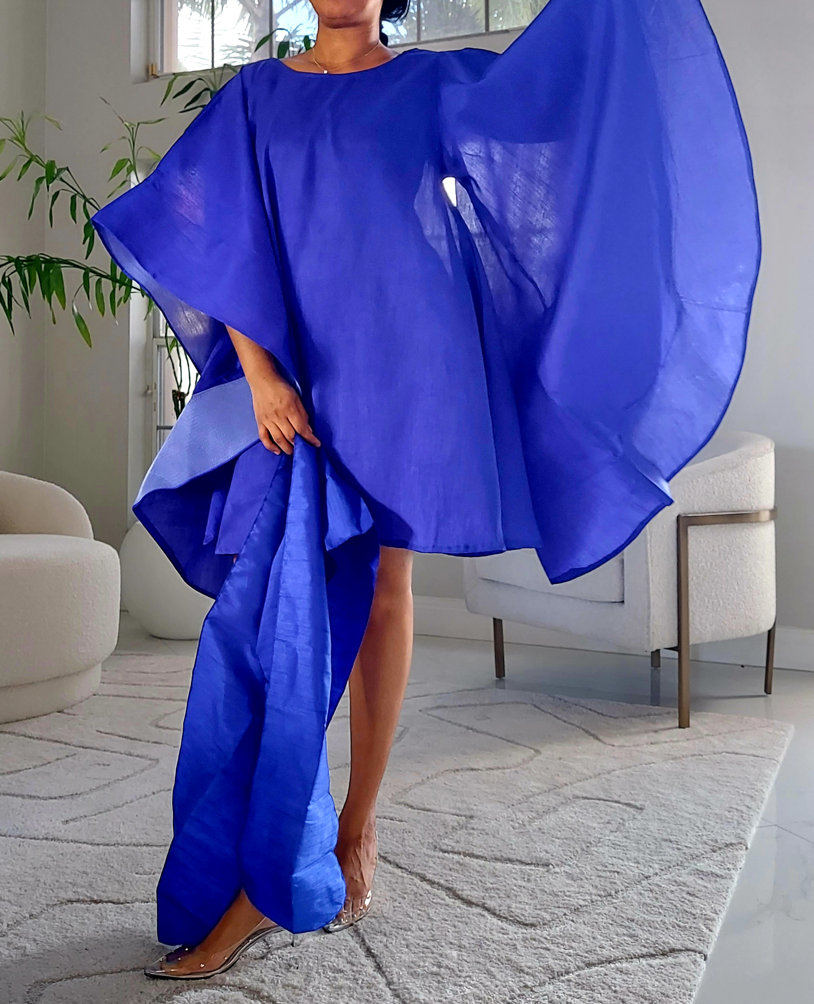 Wing Dress/Faux Silk/ Poncho Dress/ Wing Sleeves-25032 Royal Blue