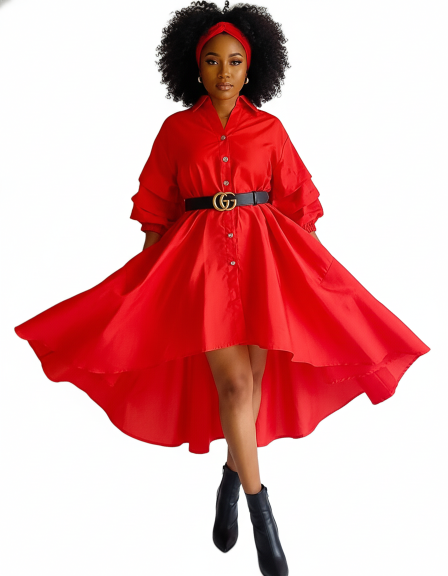 Swing Dress/ Faux Silk/ Ruffle Sleeve - 758 Red