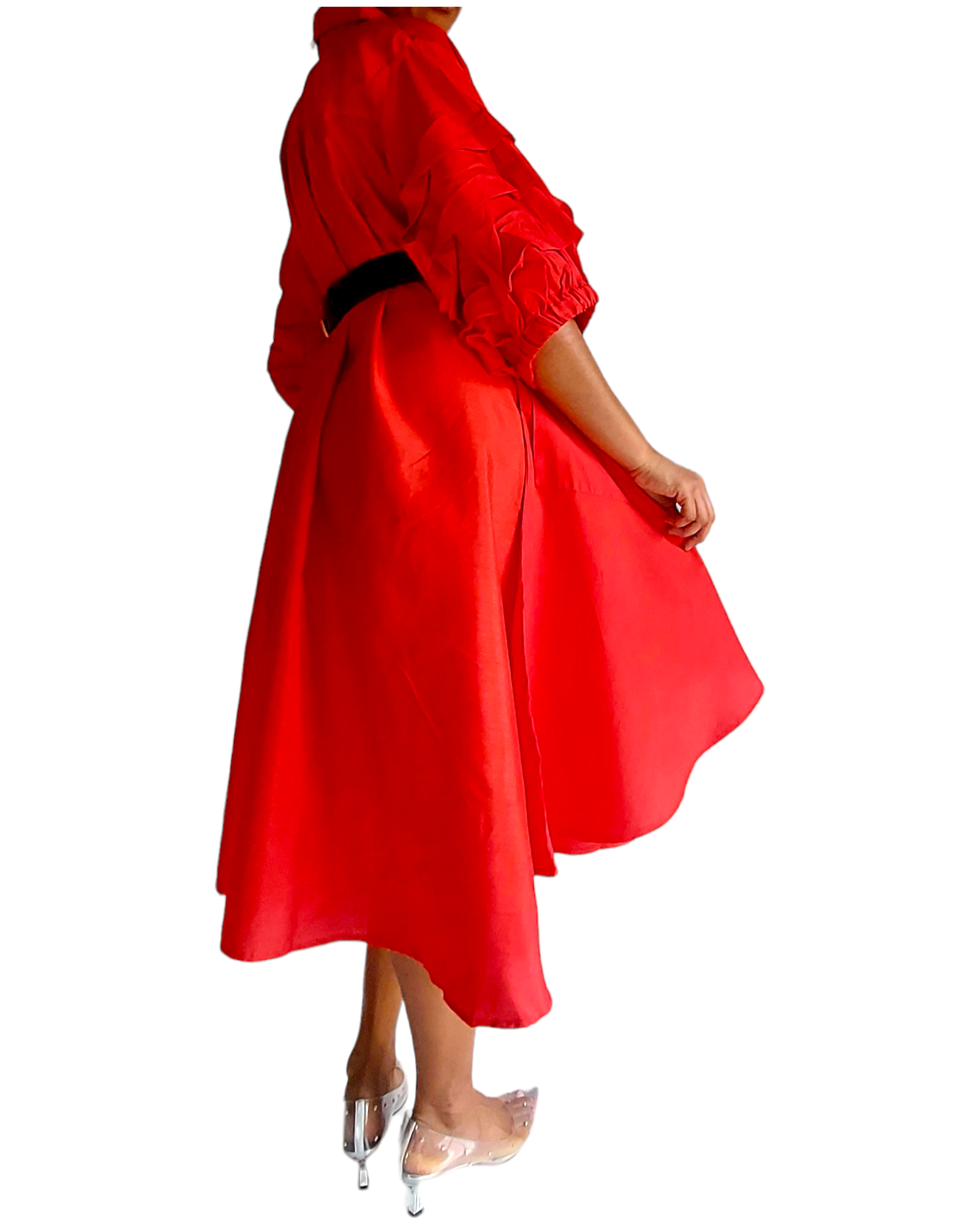 Swing Dress/ Faux Silk/ Ruffle Sleeve - 758 Red