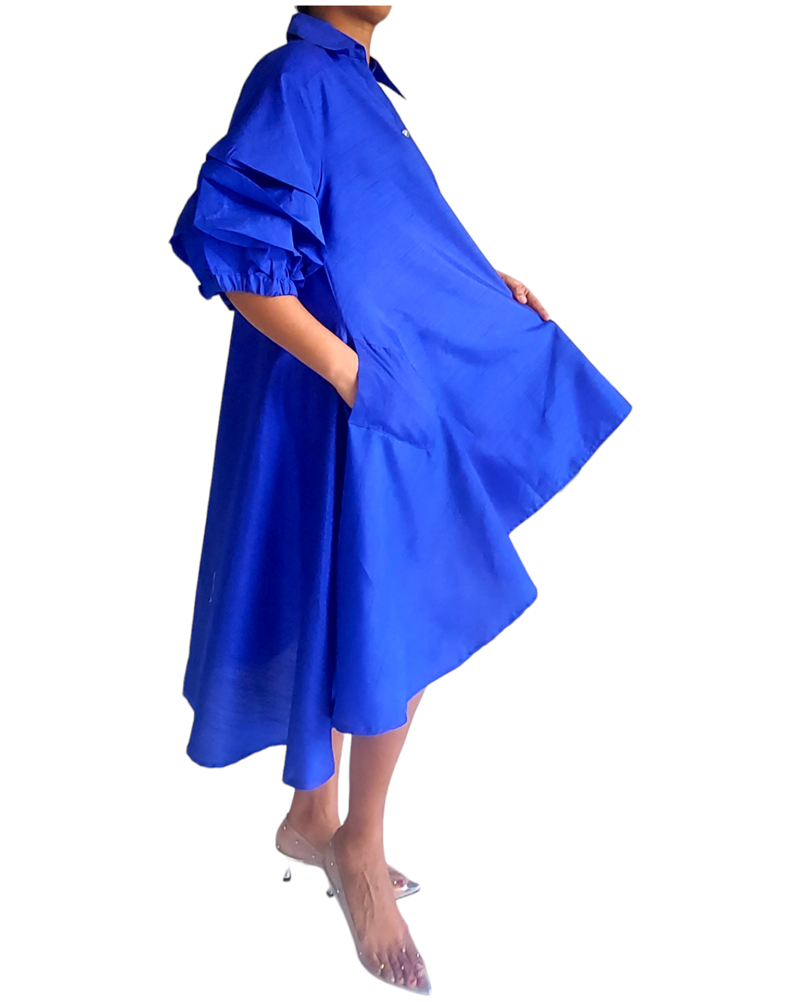 Swing Dress/Faux Silk/ Ruffle Sleeve - Royal Blue 25013