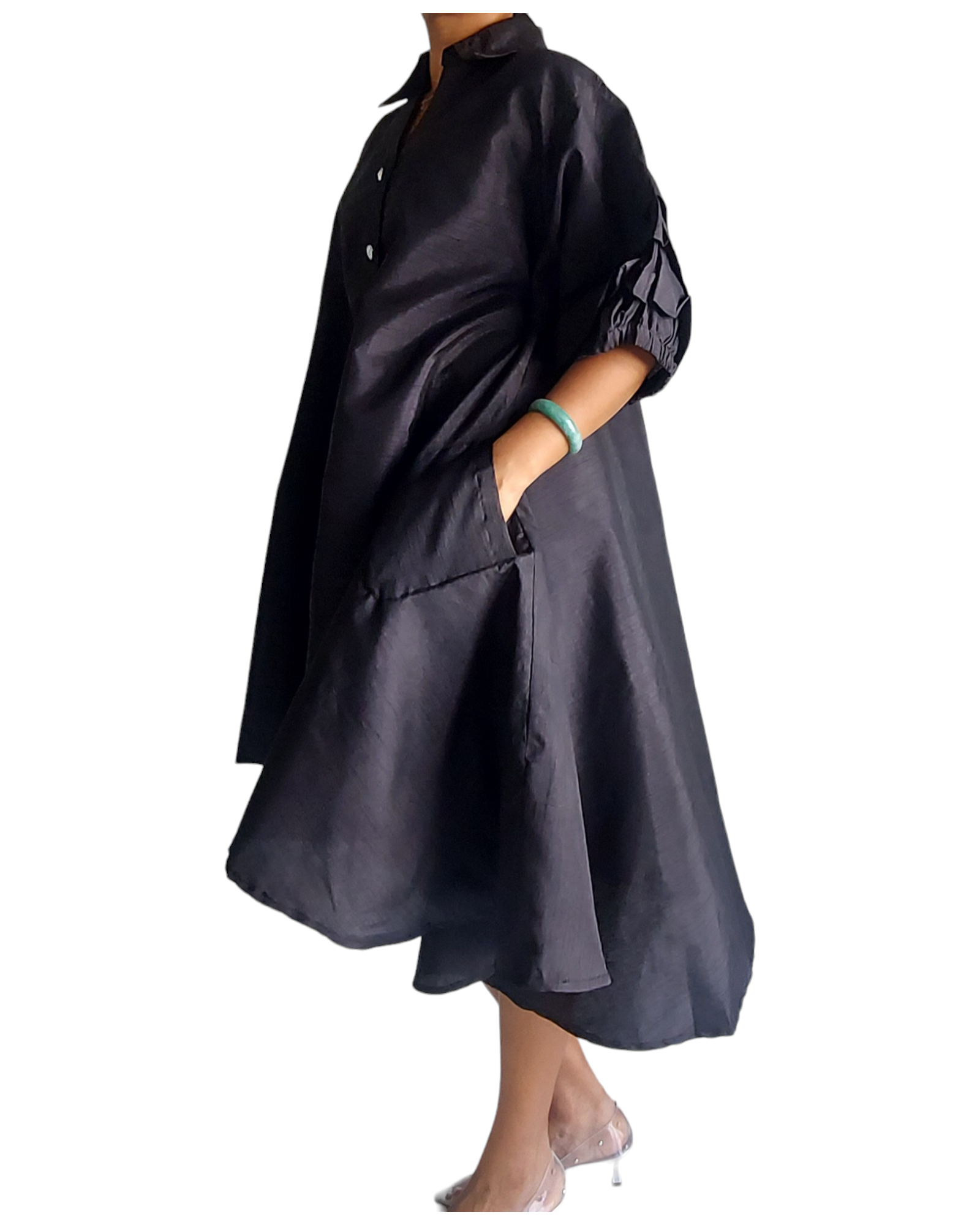 Swing Dress/ Faux Silk/ Ruffle Sleeve - 25013 Black
