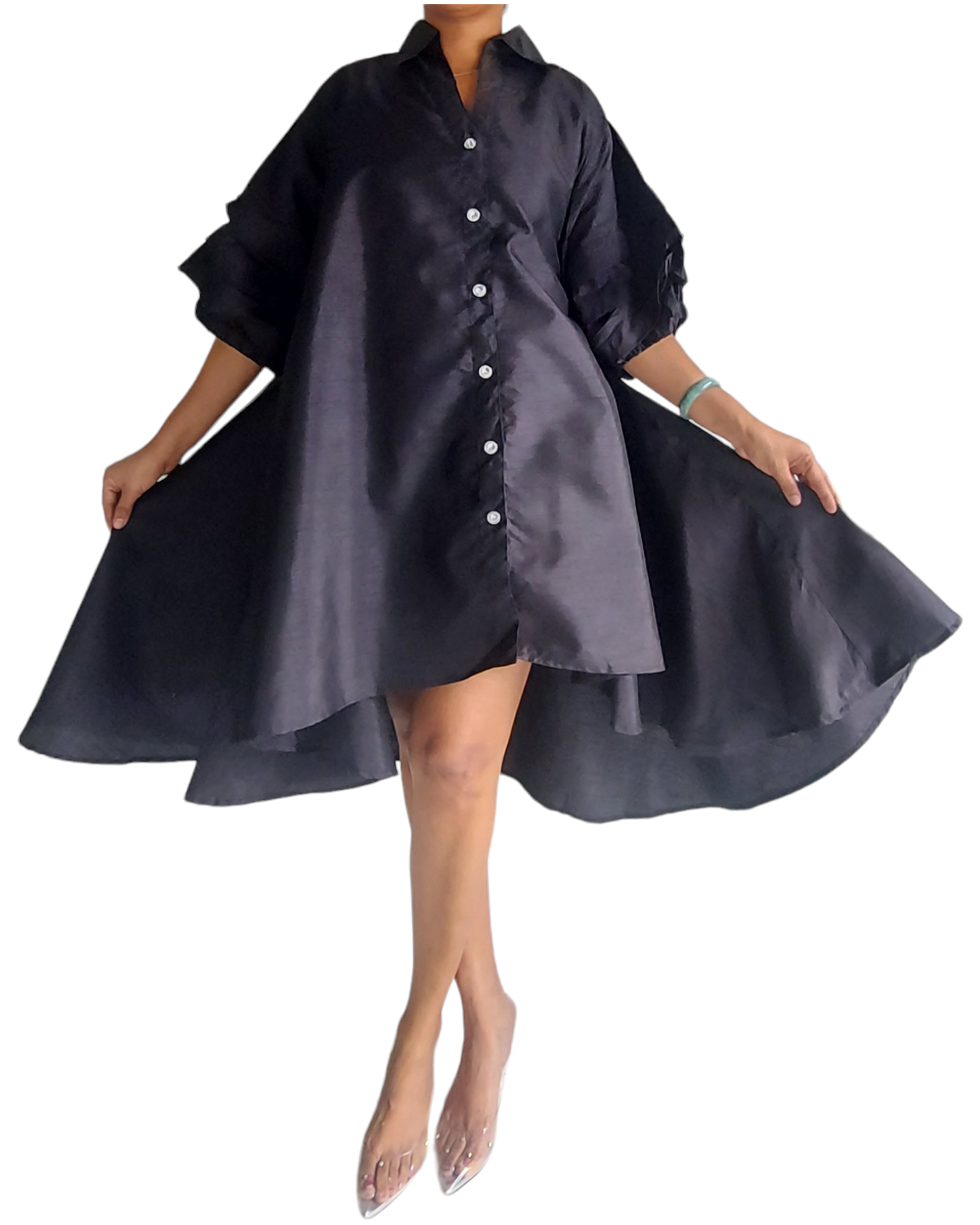 Swing Dress/ Faux Silk/ Ruffle Sleeve - 25013 Black