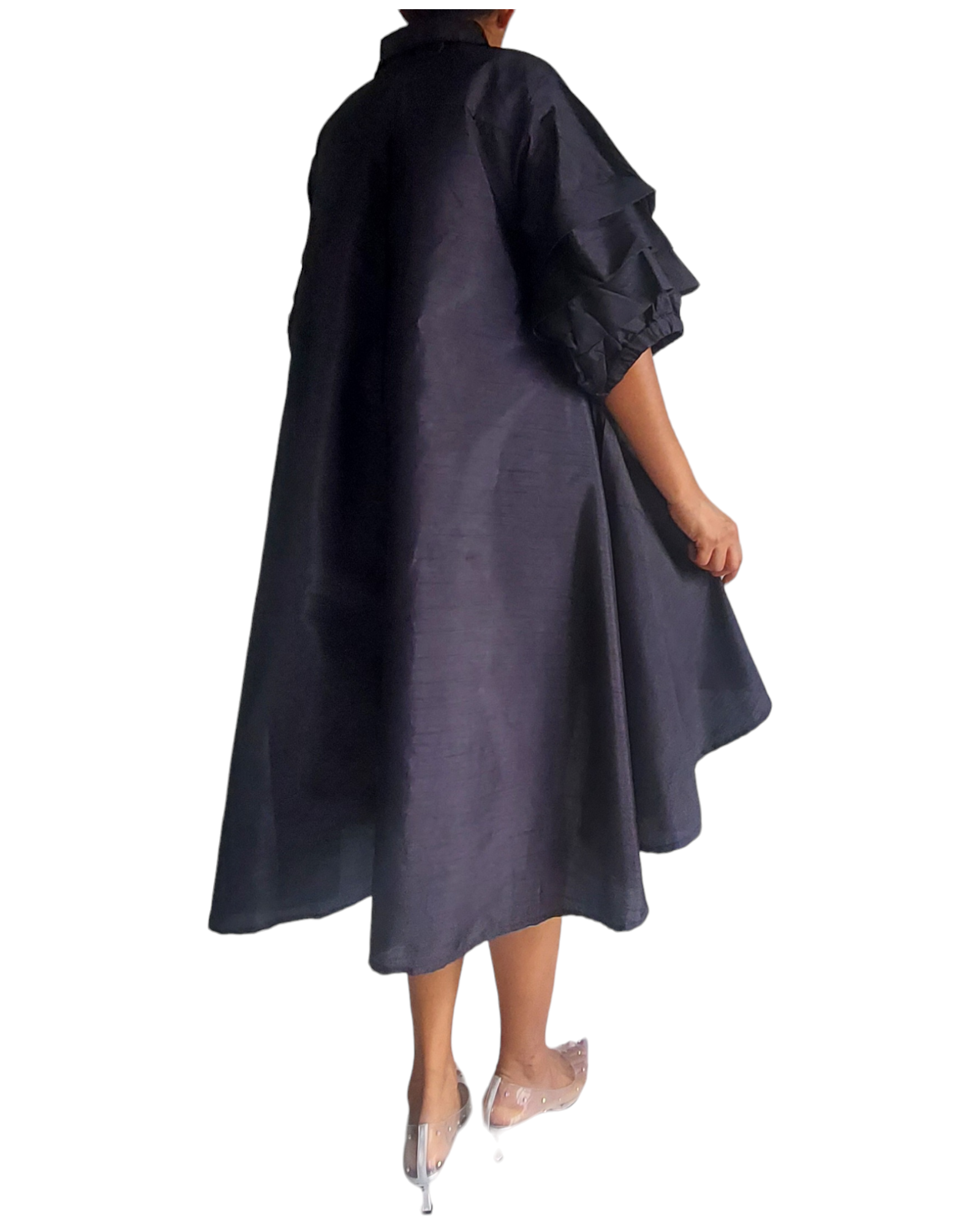 Swing Dress/ Faux Silk/ Ruffle Sleeve - 25013 Black
