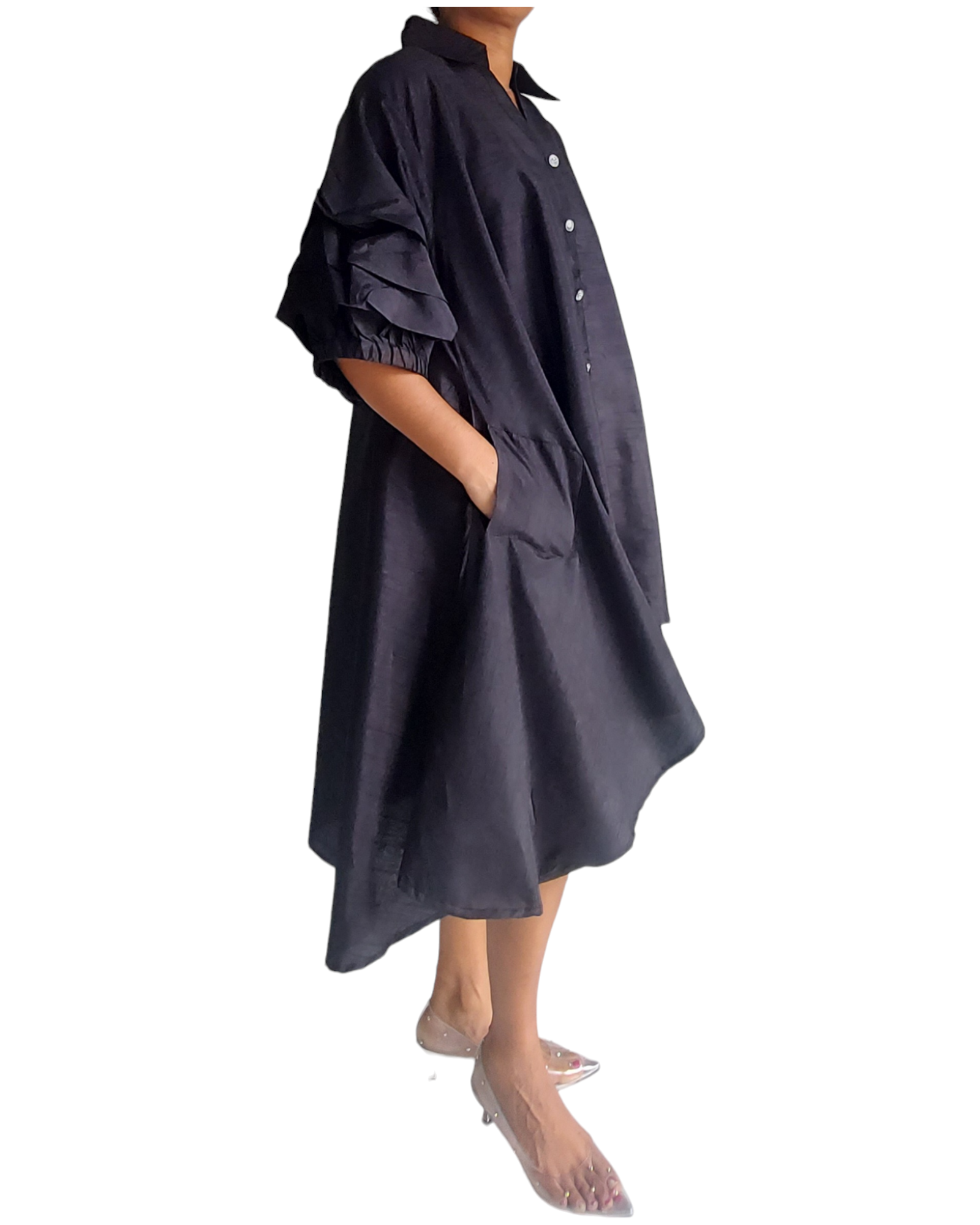 Swing Dress/ Faux Silk/ Ruffle Sleeve - 25013 Black