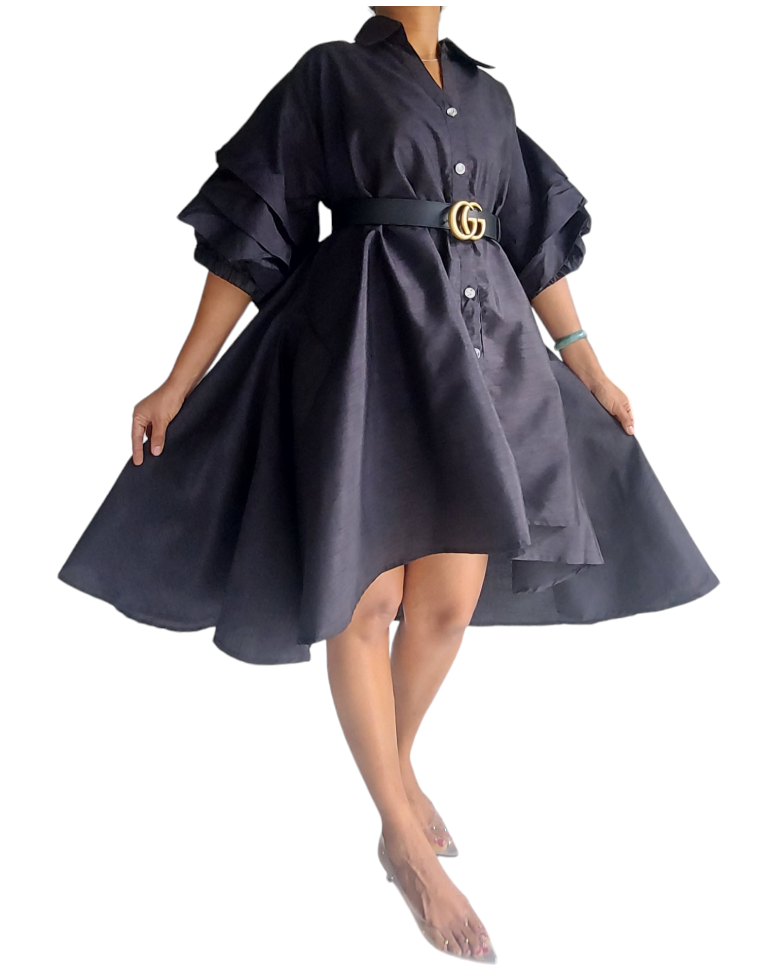 Swing Dress/ Faux Silk/ Ruffle Sleeve - 25013 Black
