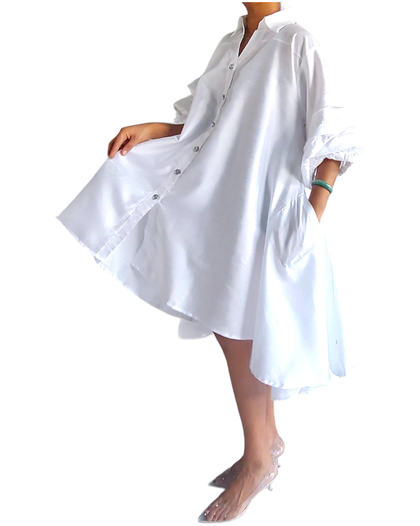 Swing Dress/ Faux Silk/ Ruffle Sleeve - White 758