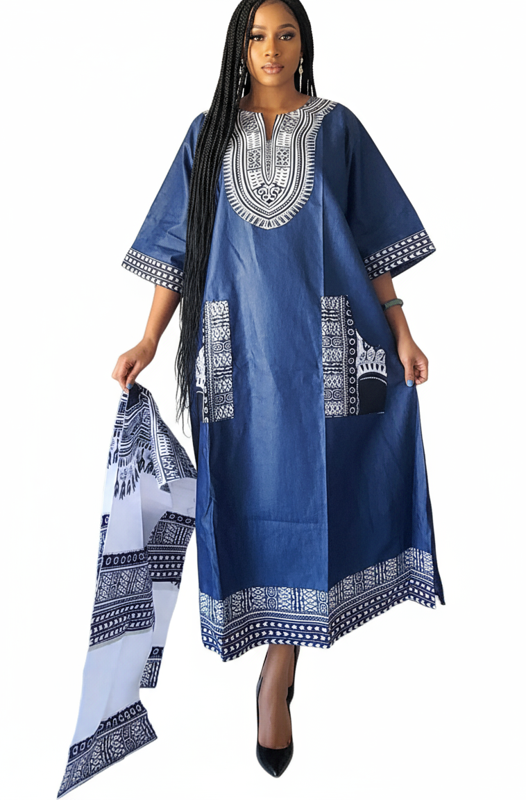 African Long Denim/Dashiki kaftan Dress- Black