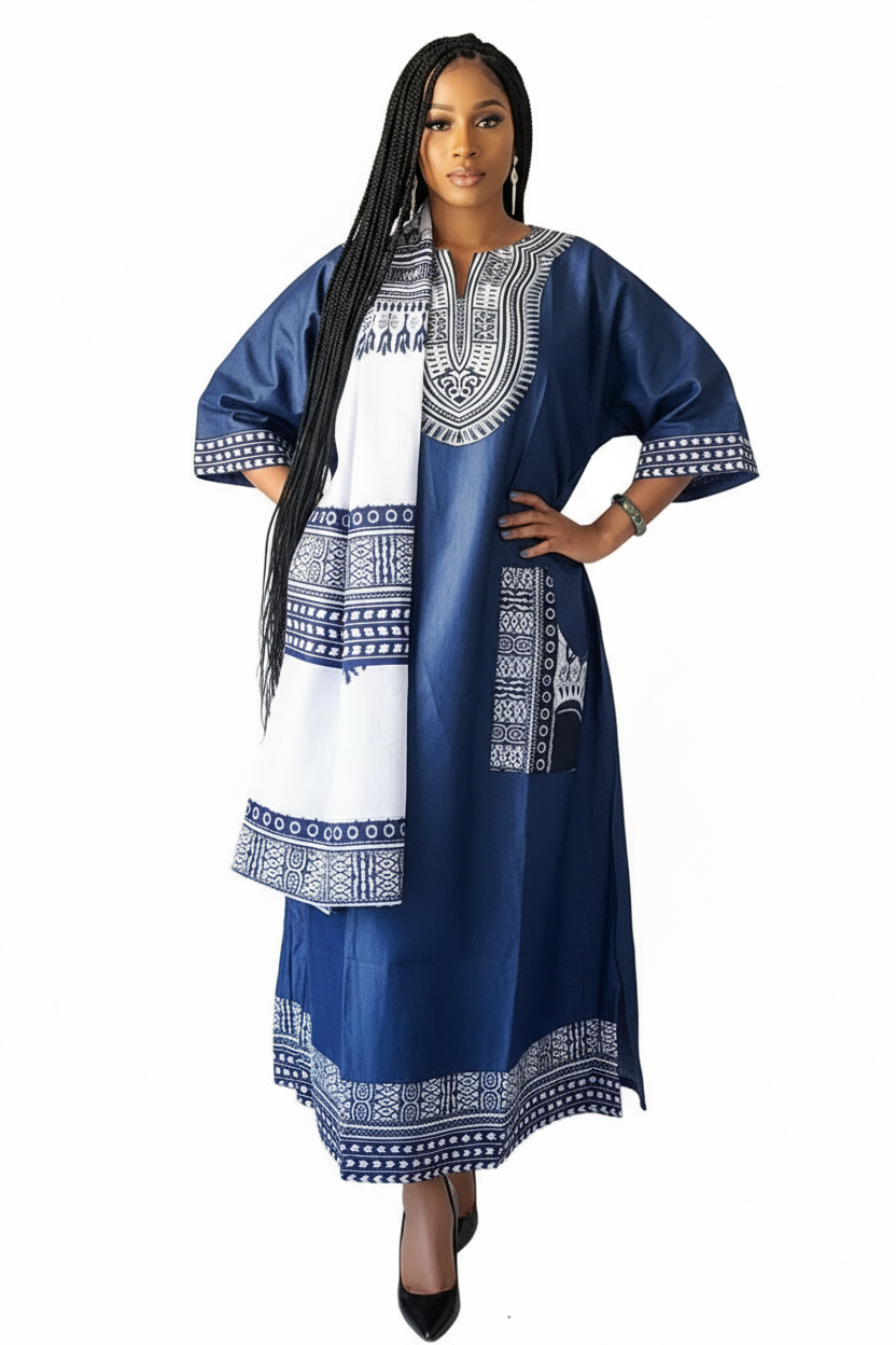 African Long Denim/Dashiki kaftan Dress- Black