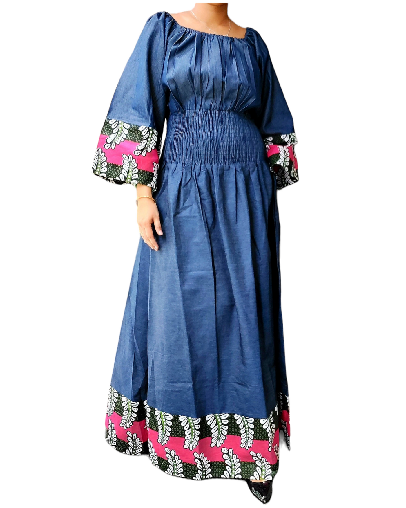 3034- Denim Dress/ Printed Border/ Tall/ Plus Size India Batik 3034- Denim Dress/ Printed Border/ Tall/ Plus Size India Batik