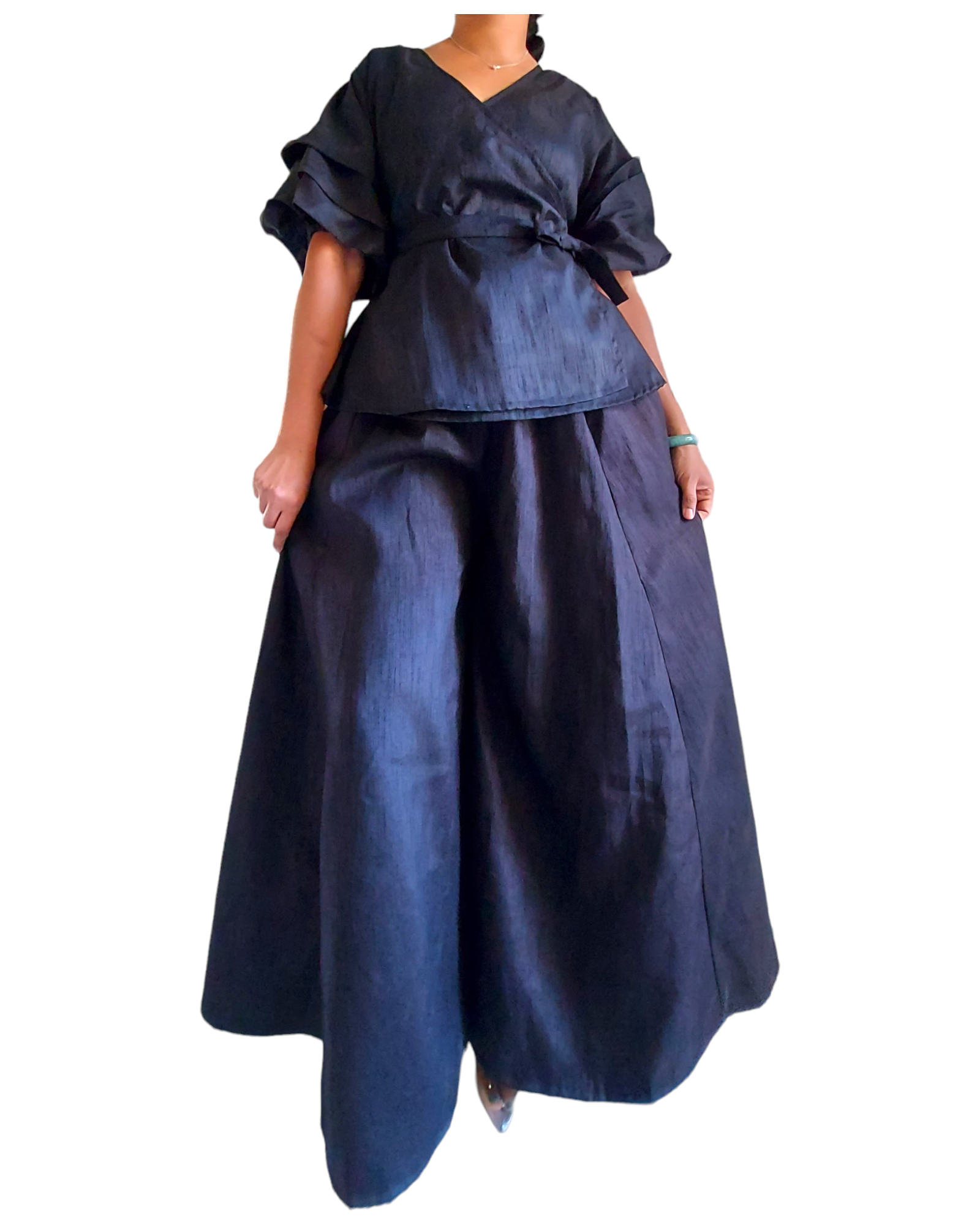 Faux Silk Palazzo Pant Set - Black 4196