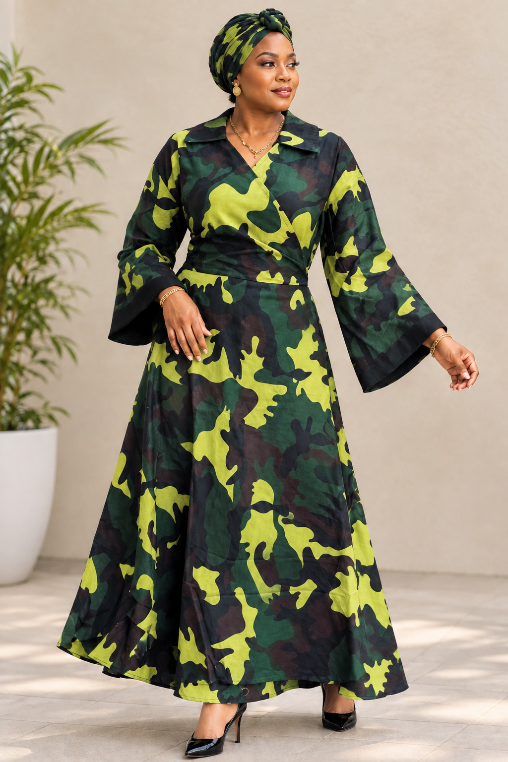 Cotton Wrap Dress 8007 Green Camouflage