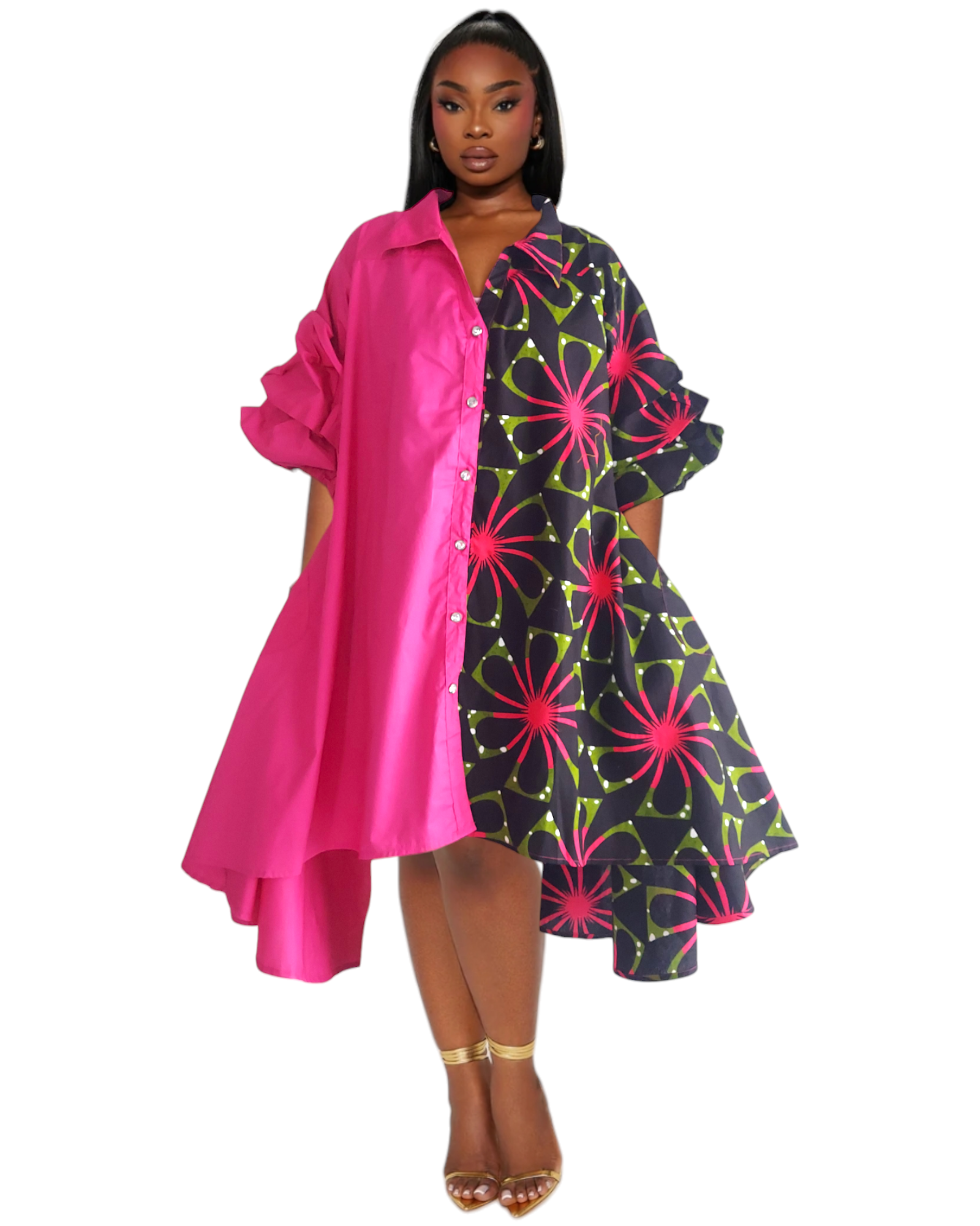 Swing Dress/ Cotton & Polyester/ Ruffle Sleeve - Two Tone