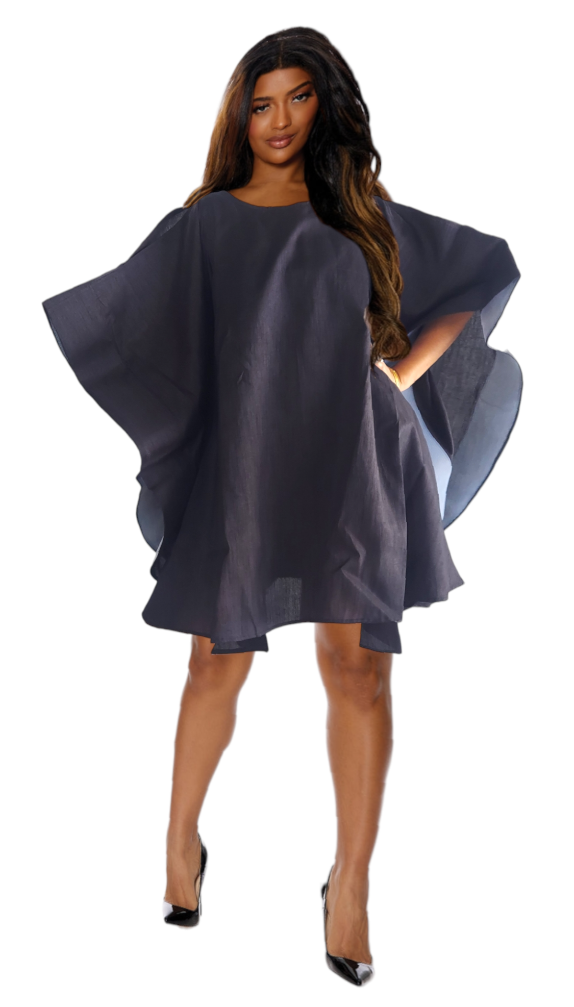 Wing Dress/Faux Silk/ Poncho Dress/ Wing Sleeves-23032 Black