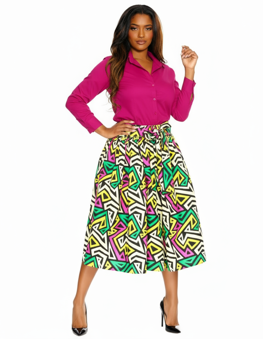 7012 Mid Length Cotton skirt-571Multi