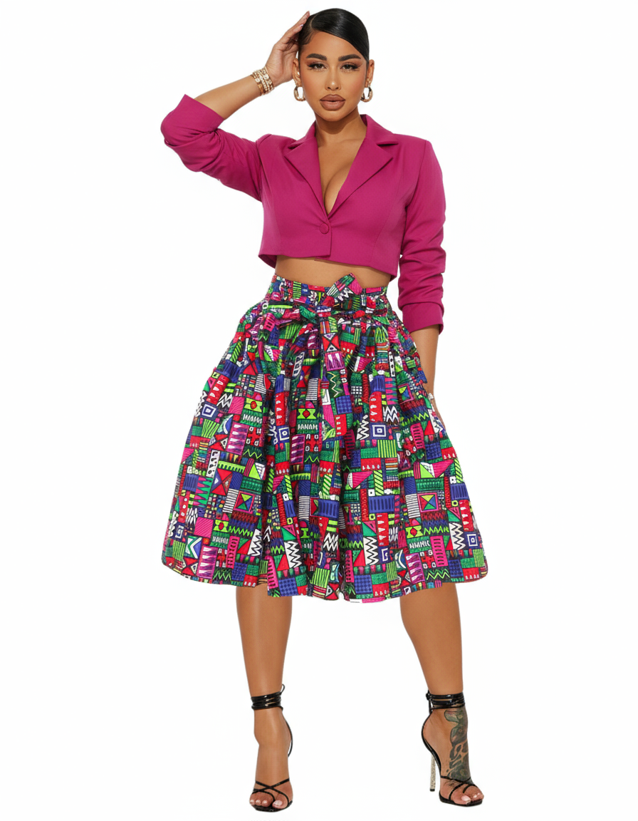 7012- Woman Mid Length Cotton skirt- 574Pink/Green