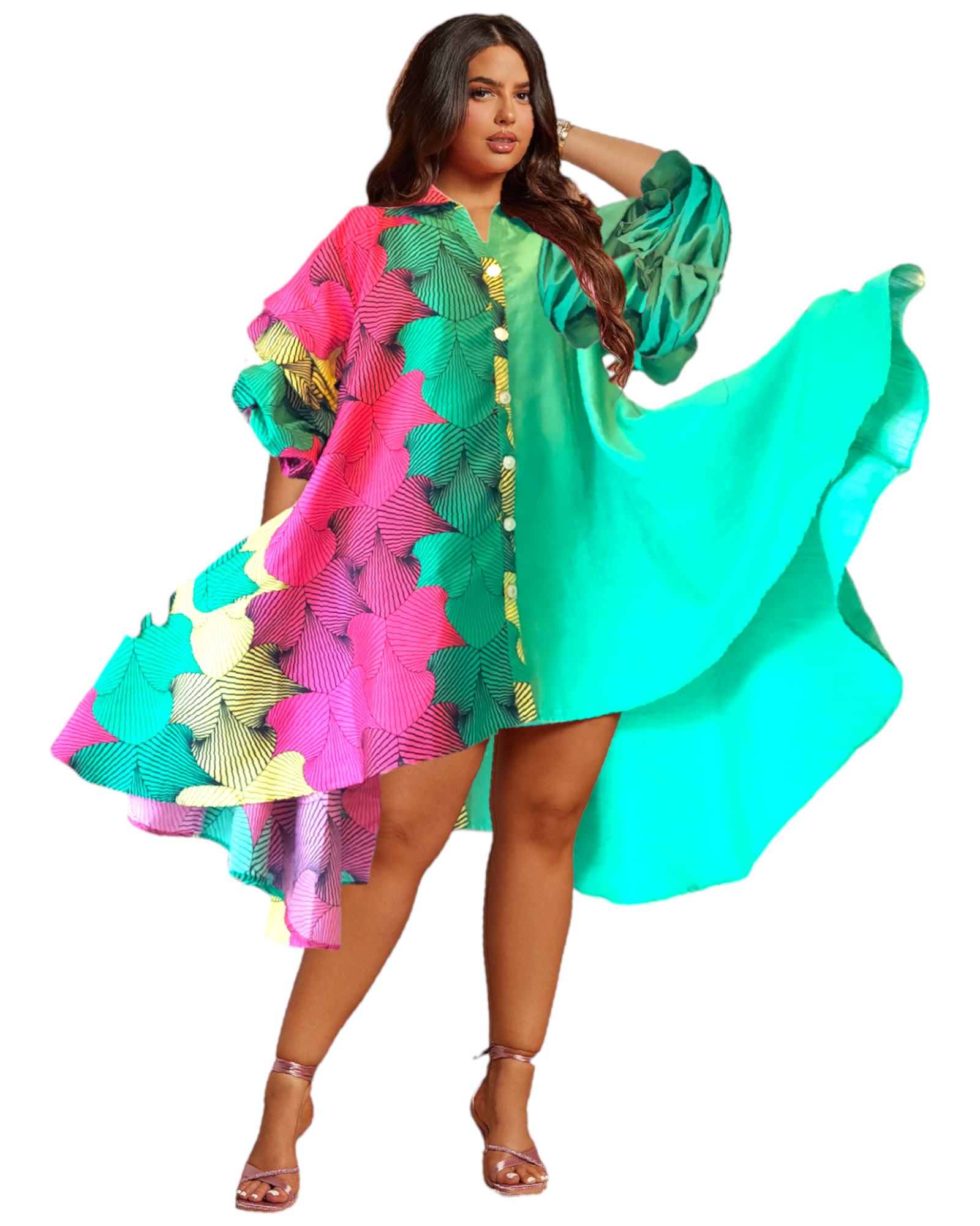 Swing Dress/ Faux Silk/ Ruffle Sleeve - Two Tone 25013