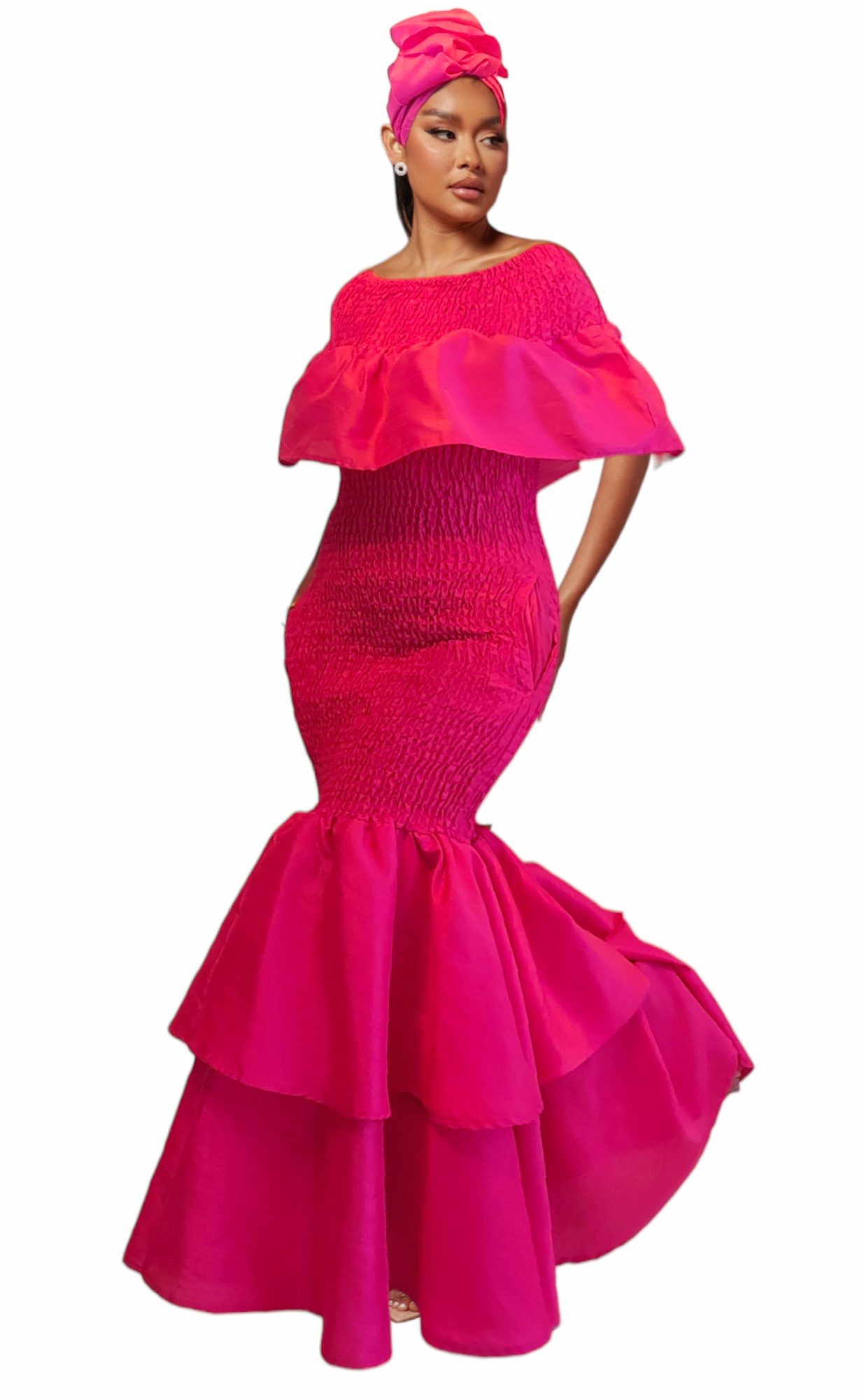 2289 Faux Silk Smock Mermaid Dress - Fuchsia