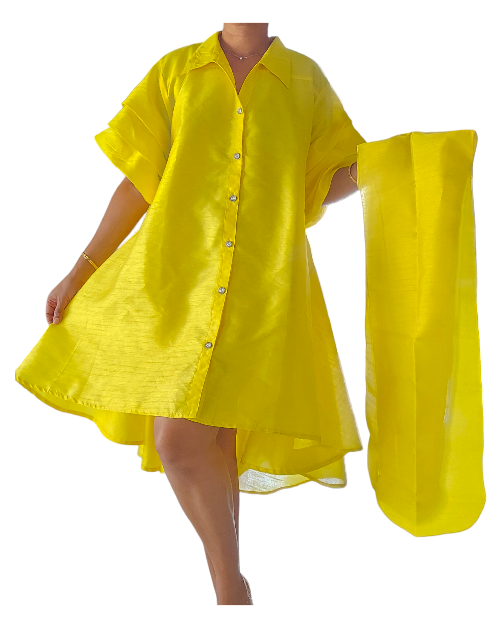 Swing Dress/ Faux Silk/ Ruffle Sleeve - Yellow 25013