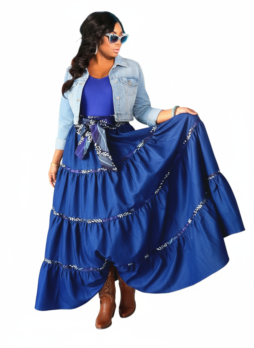 7003 Long Flared Tiered Skirt- Blue/Denim