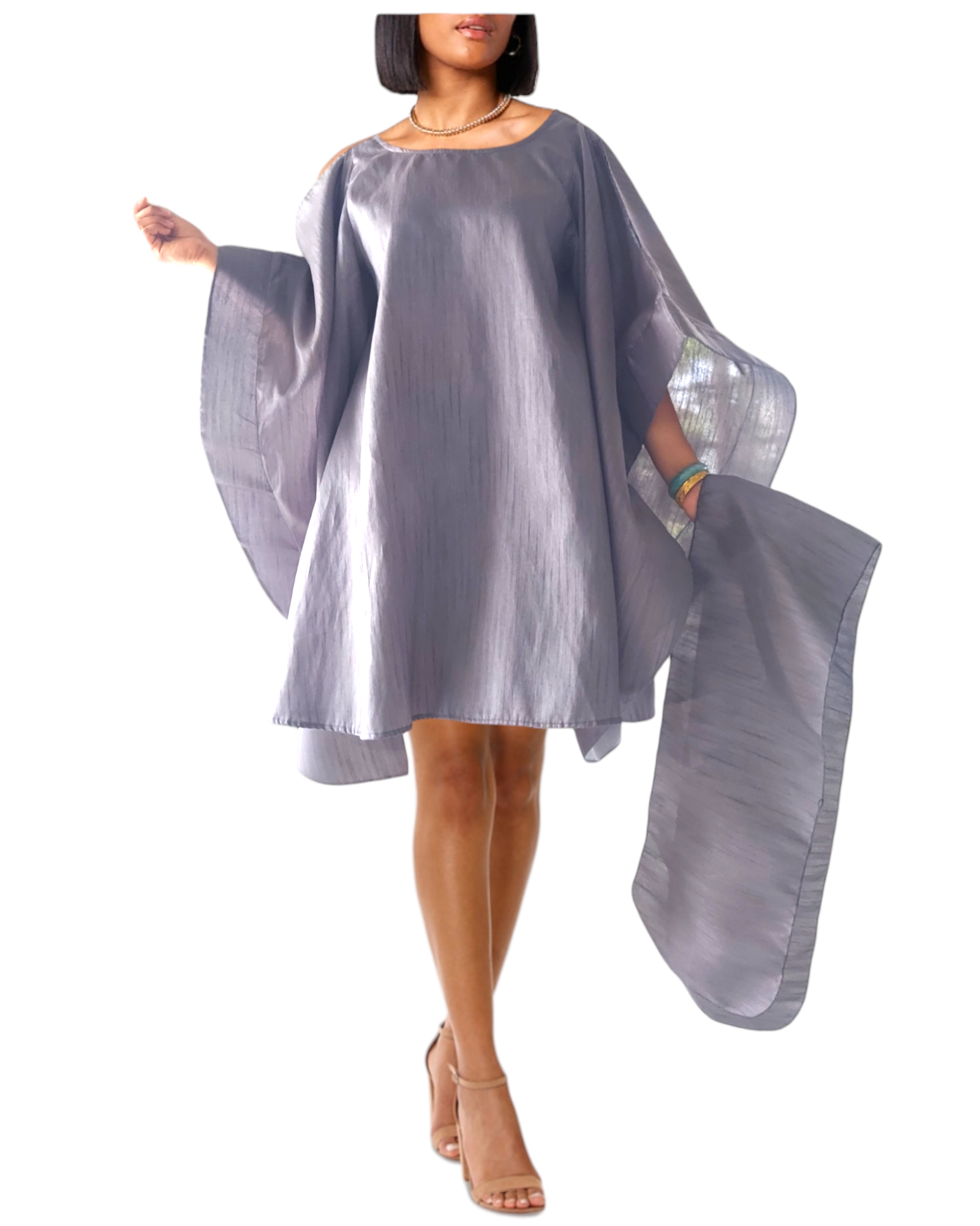 Wing Dress/Faux Silk/Poncho Dress/ Wing Sleeves- 25032 Grey