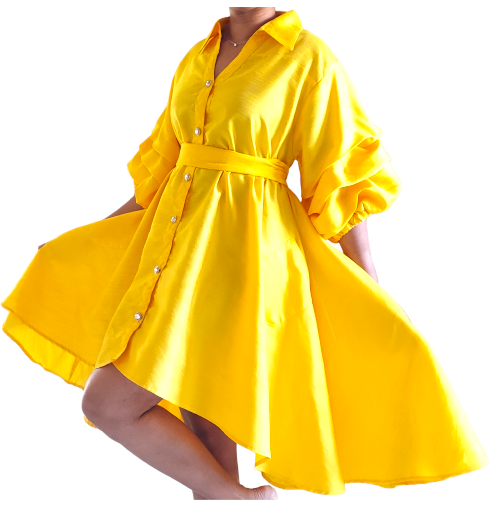Swing Dress/ Faux Silk/ Ruffle Sleeve - Yellow Gold 25013