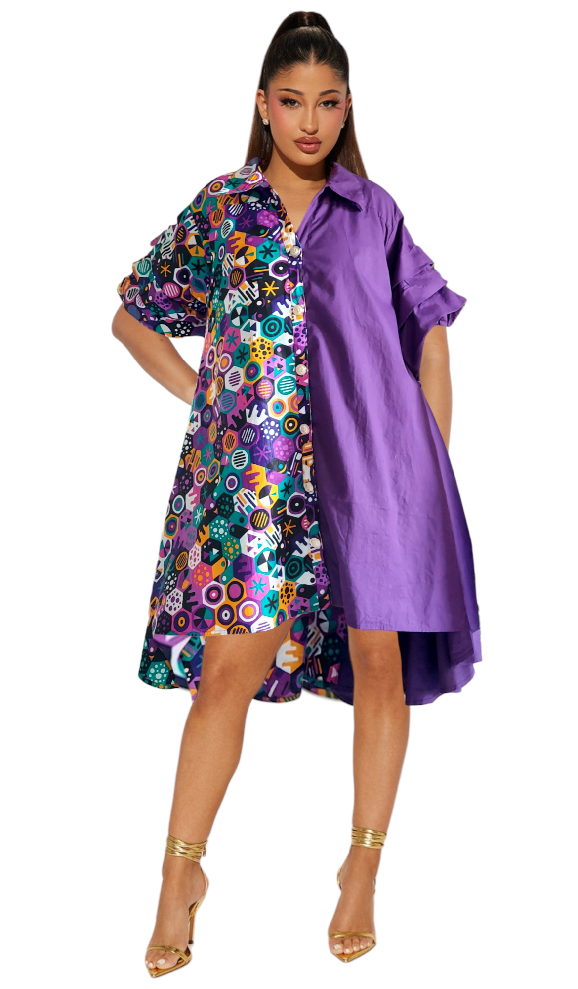 IB25013- Swing Dress/ Cotton / Ruffle Sleeve - Two Tone