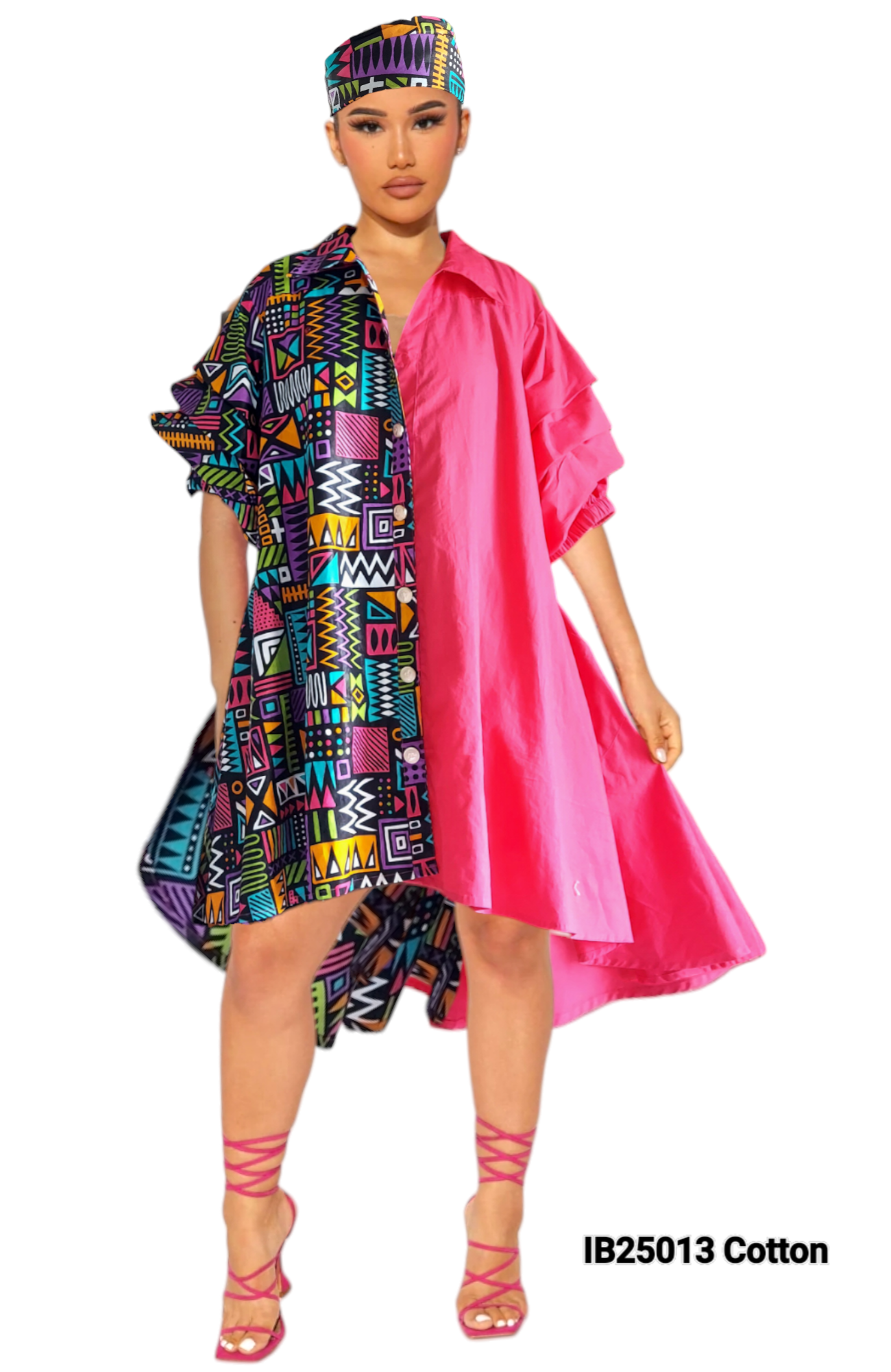 IB25013 - Swing Dress/ Cotton / Ruffle Sleeve - Two Tone