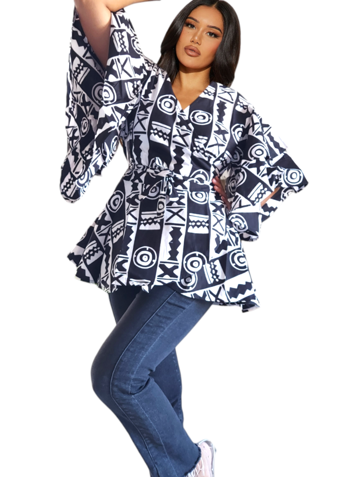 1203 - Wrap Blouse - Black/White Print 65