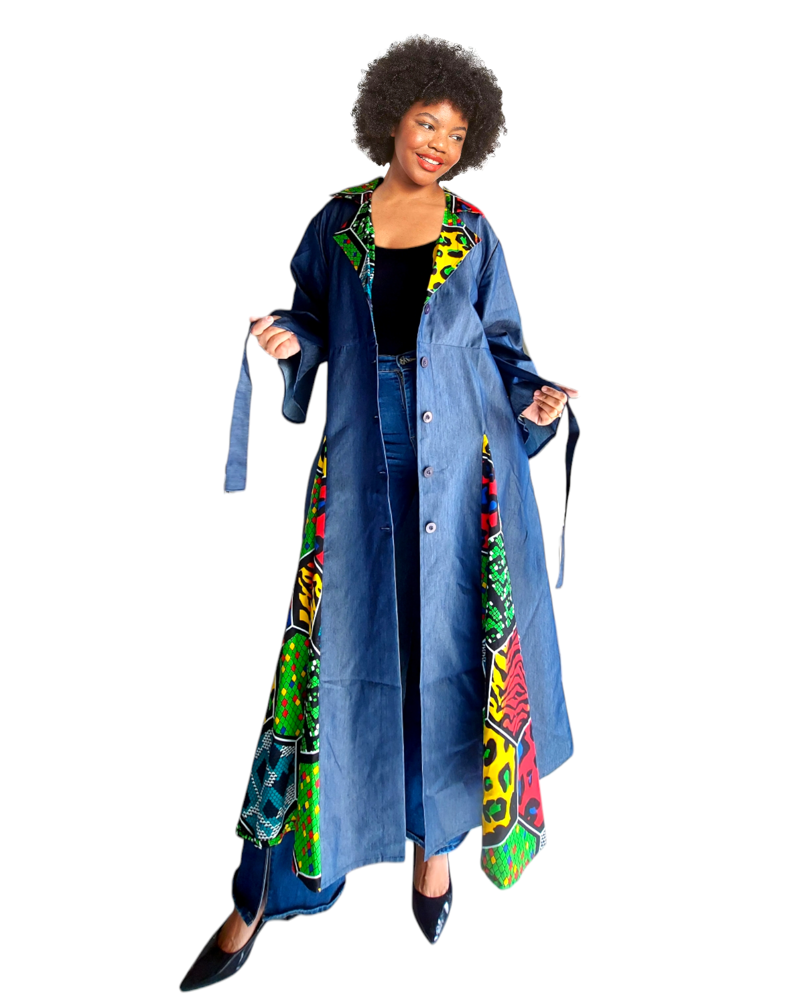 7752 - Denim Kimono Dress with Printed Panels