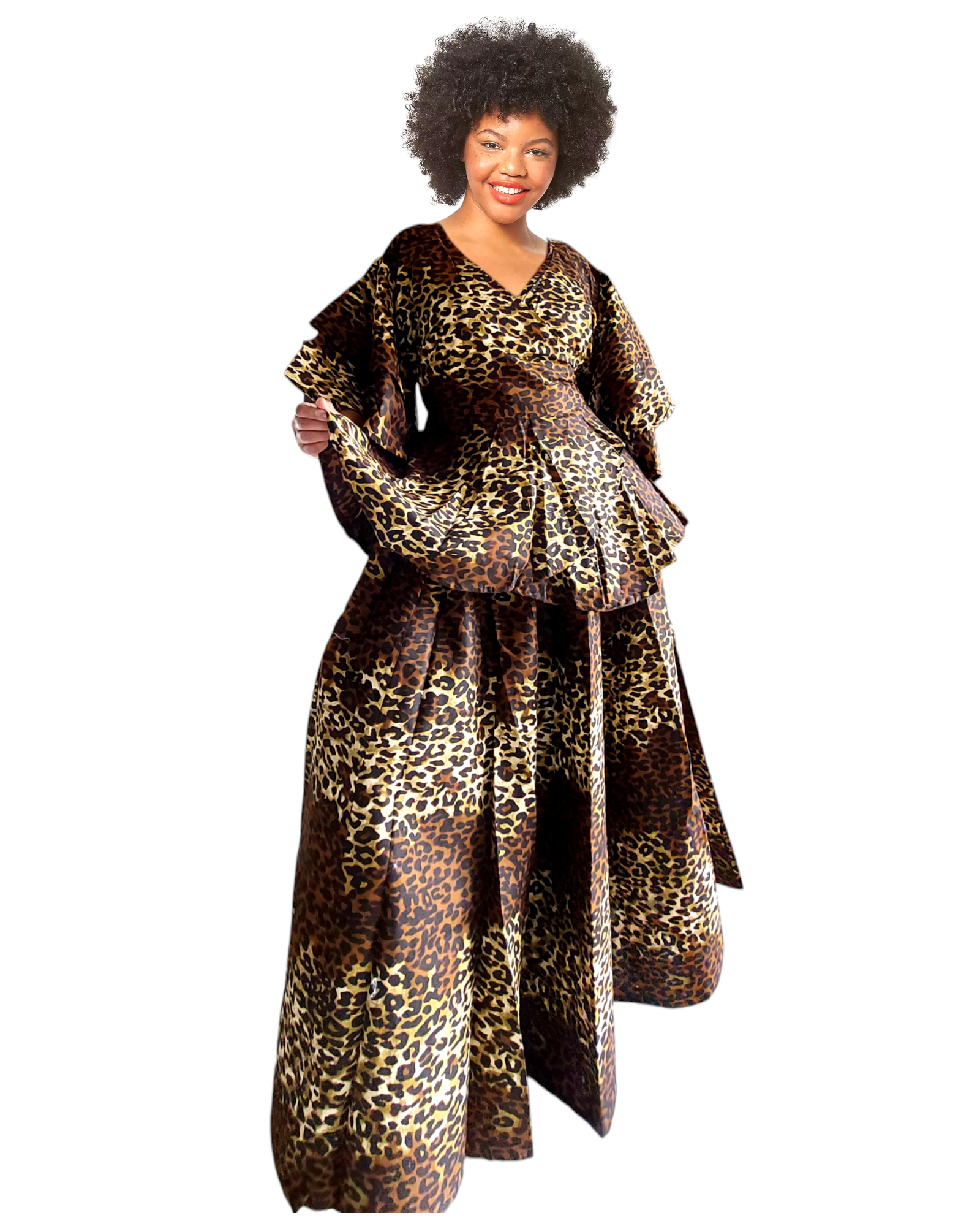 7001 Set / Long Skirt And Wrap Blouse / Brown Animal Print