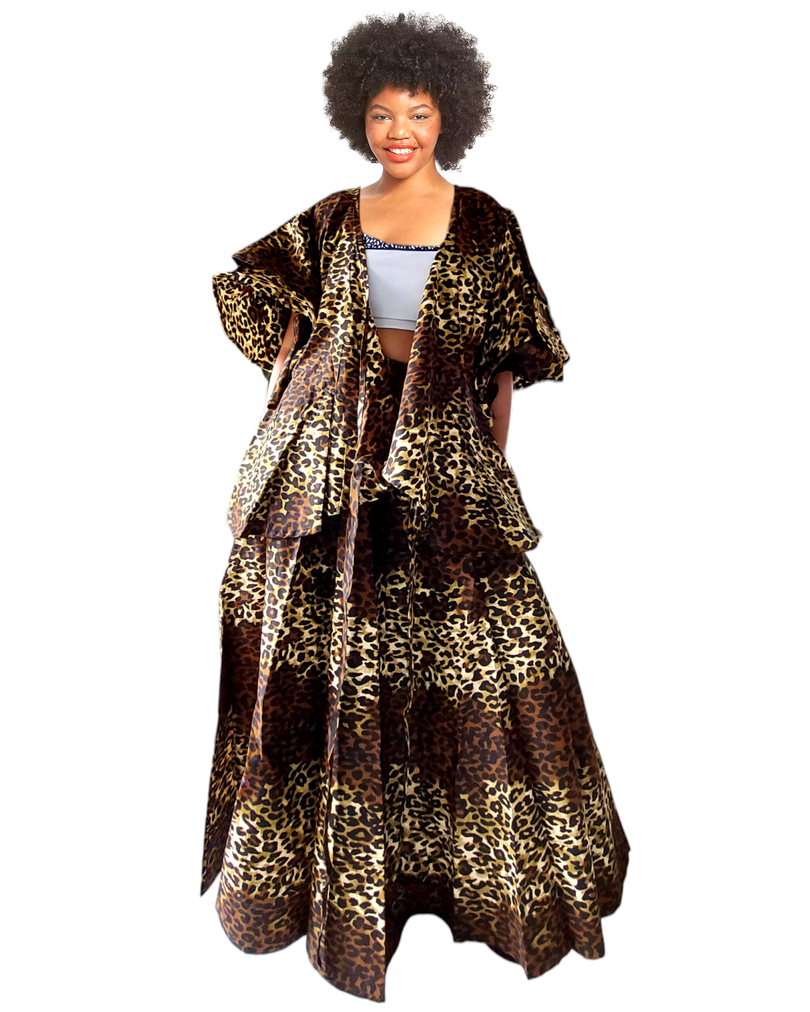 7001 Set / Long Skirt And Wrap Blouse / Brown Animal Print