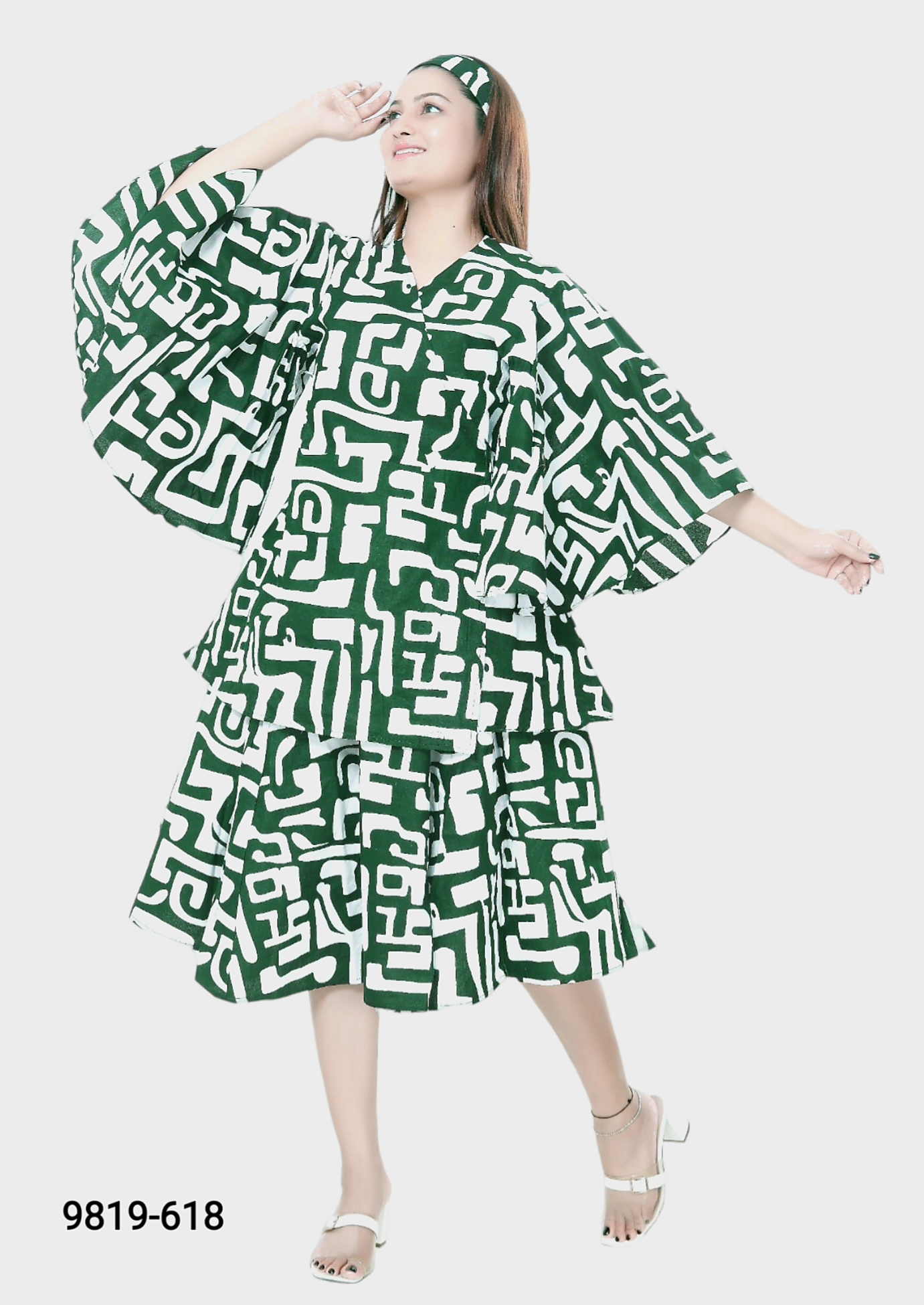 Wrap Blouse & Mid Length Skirt Set 7819 HunterGreen