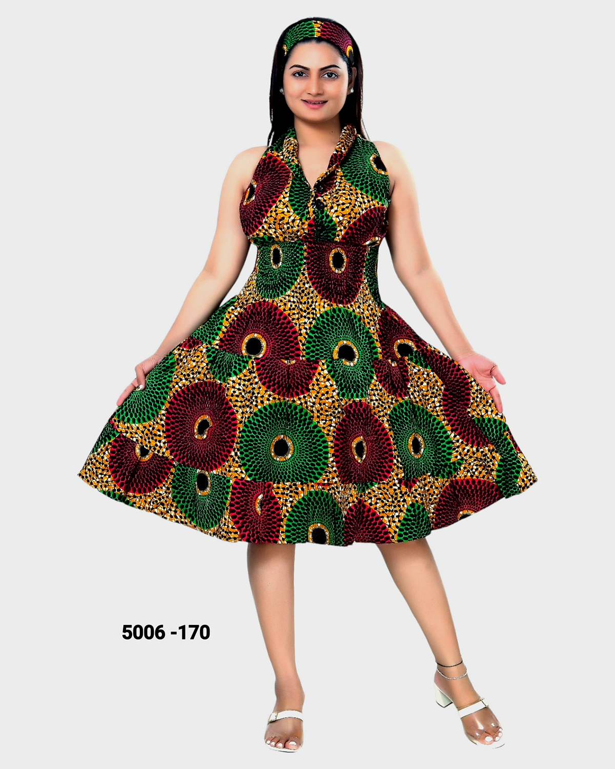 5006 - Woman's Mid-Length Smock Dress With Scarf