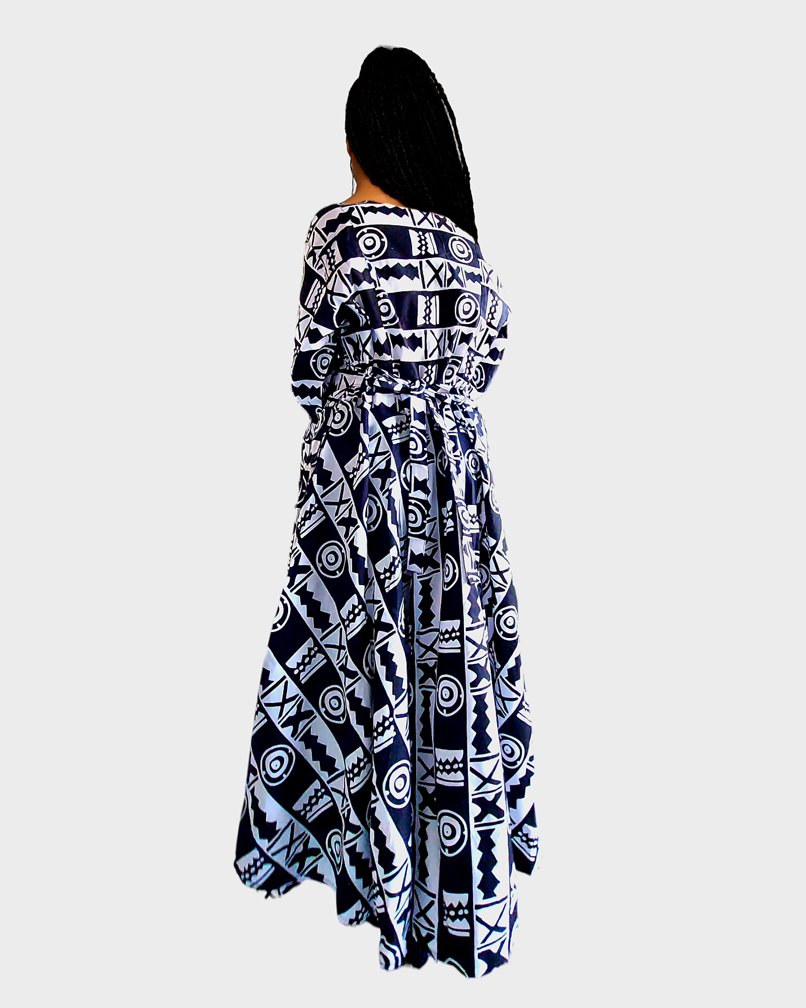 70- Long Wrap Dress- White/ Black Print 65