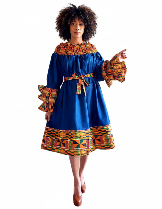 018 Denim/Kente Off Shoulder Mid-Length Dress