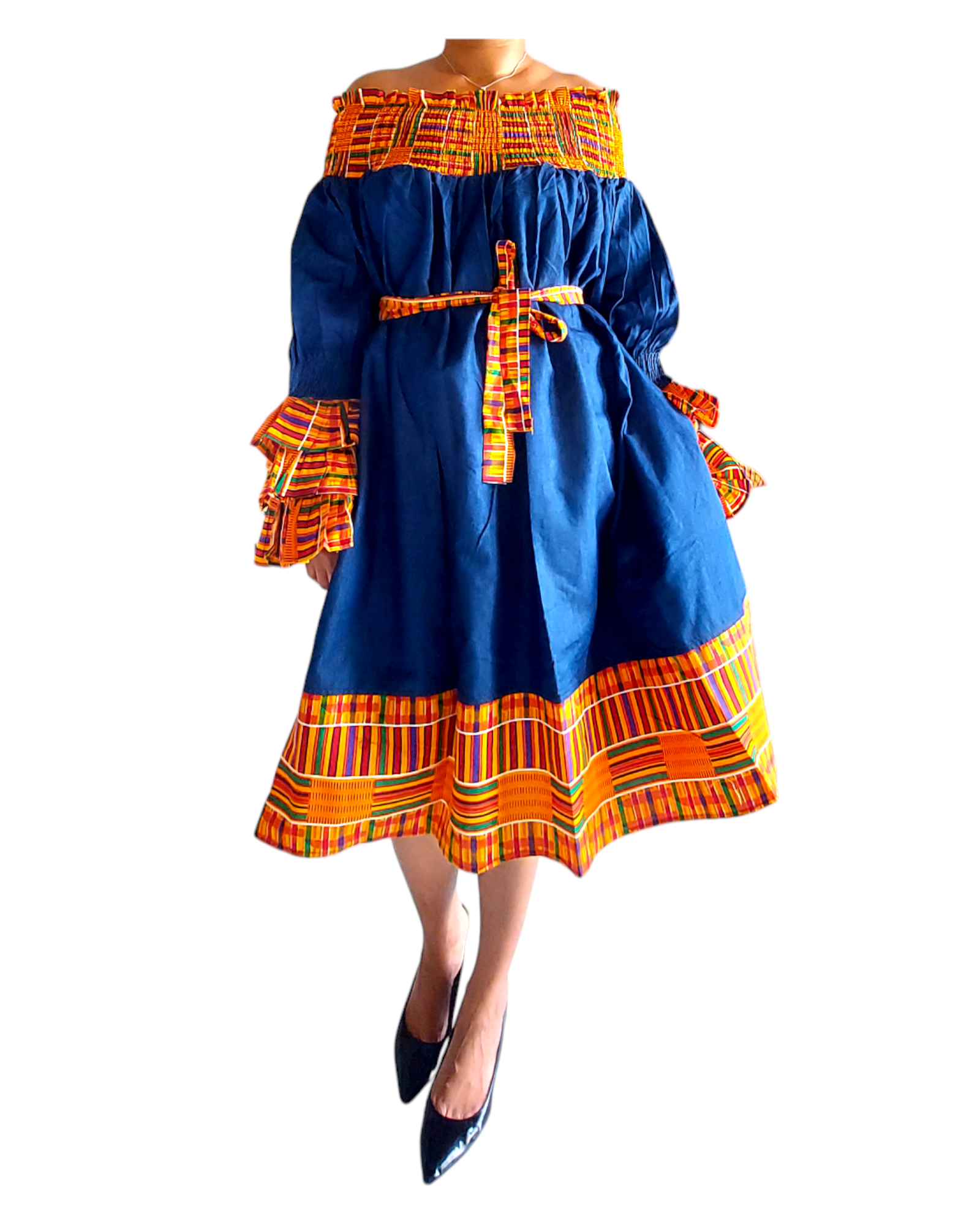 018 Denim/Kente Off Shoulder Mid-Length Dress