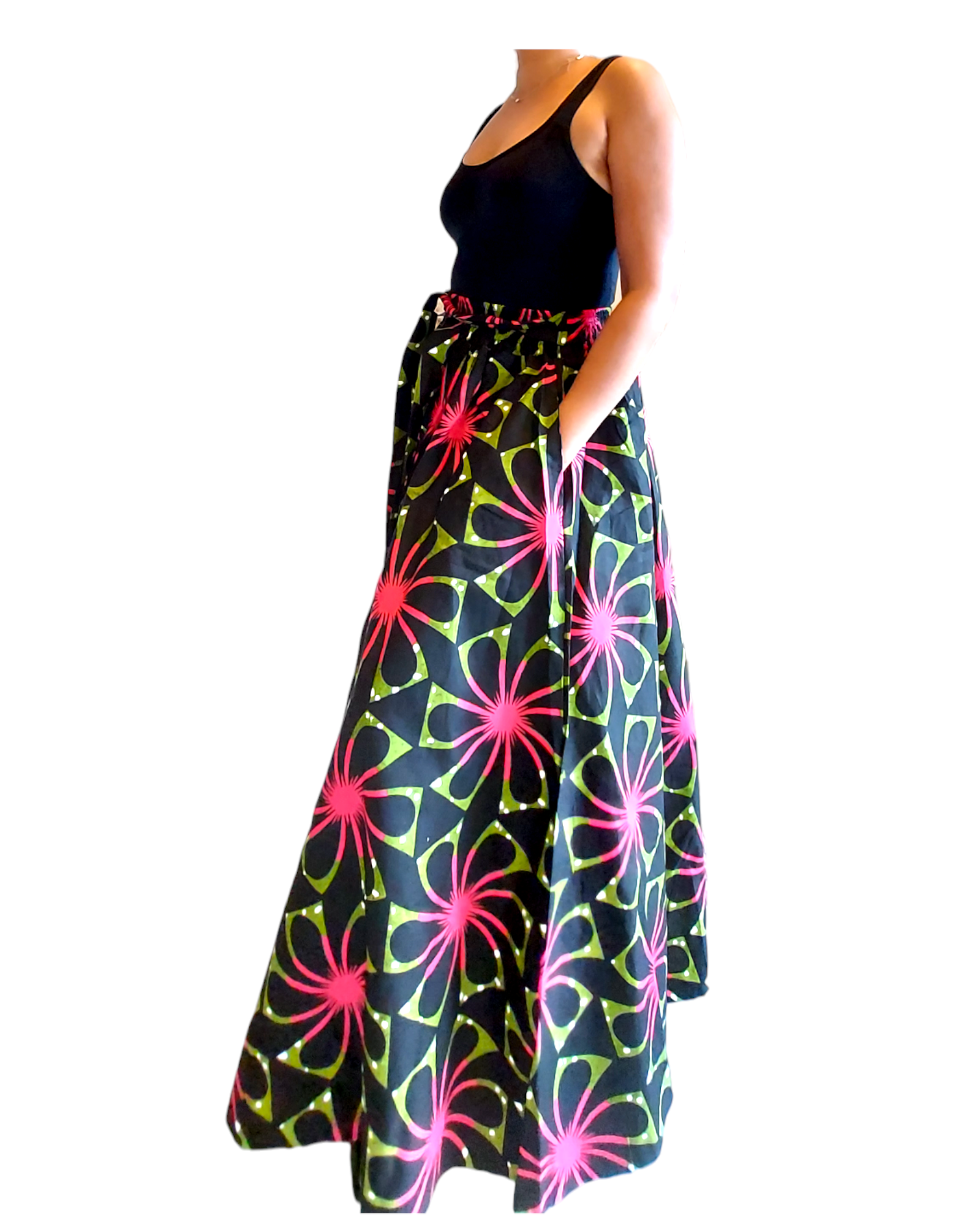 7001- Women Long Maxi Skirt-Black/Pink