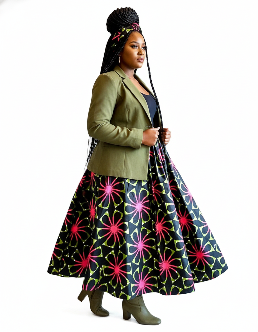 7001- Women Long Maxi Skirt-Black/Pink