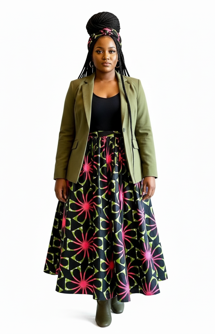 7001- Women Long Maxi Skirt-Black/Pink