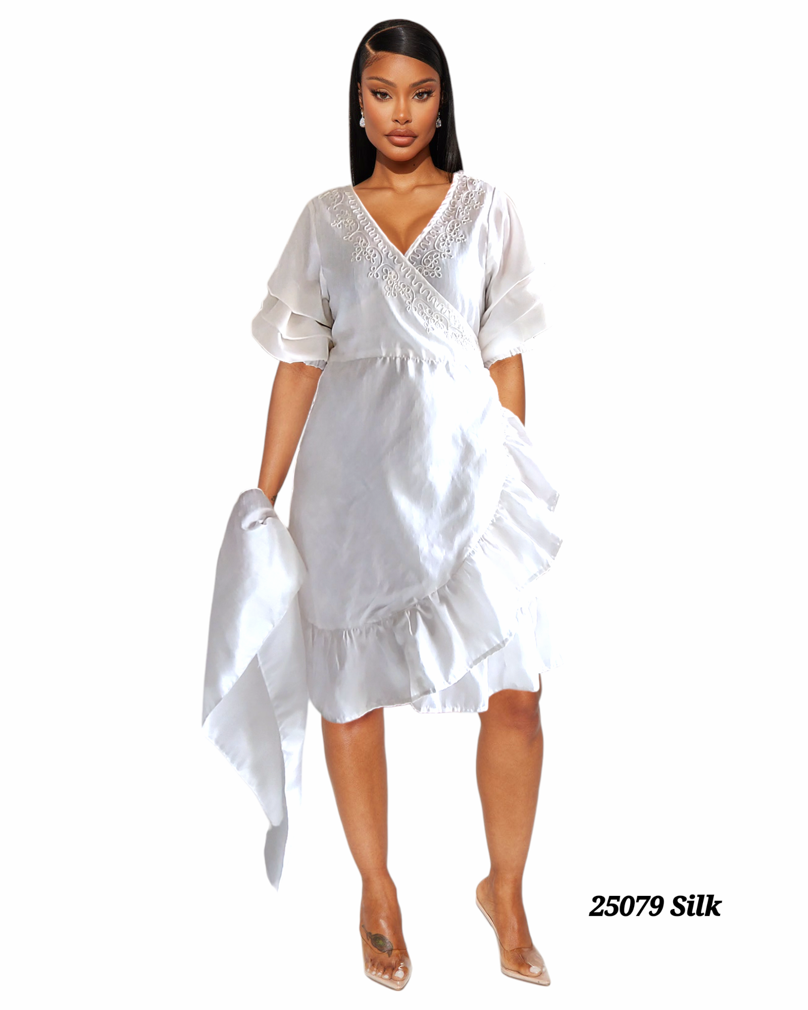 Faux Silk Wrap Dress / Mid Length 25079 White