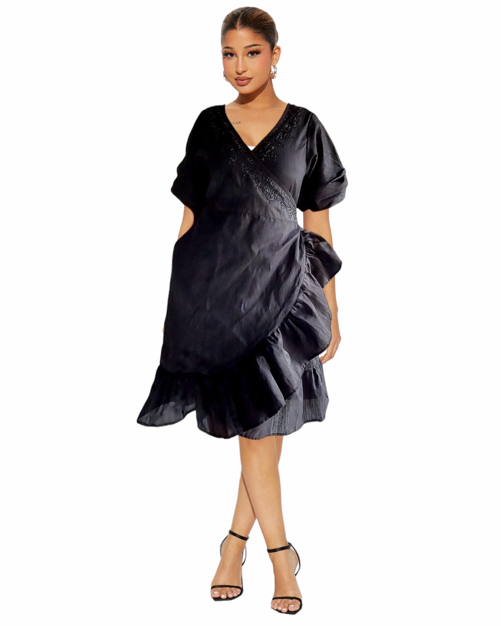 Faux Silk Wrap Dress / Mid Length 25079 Black